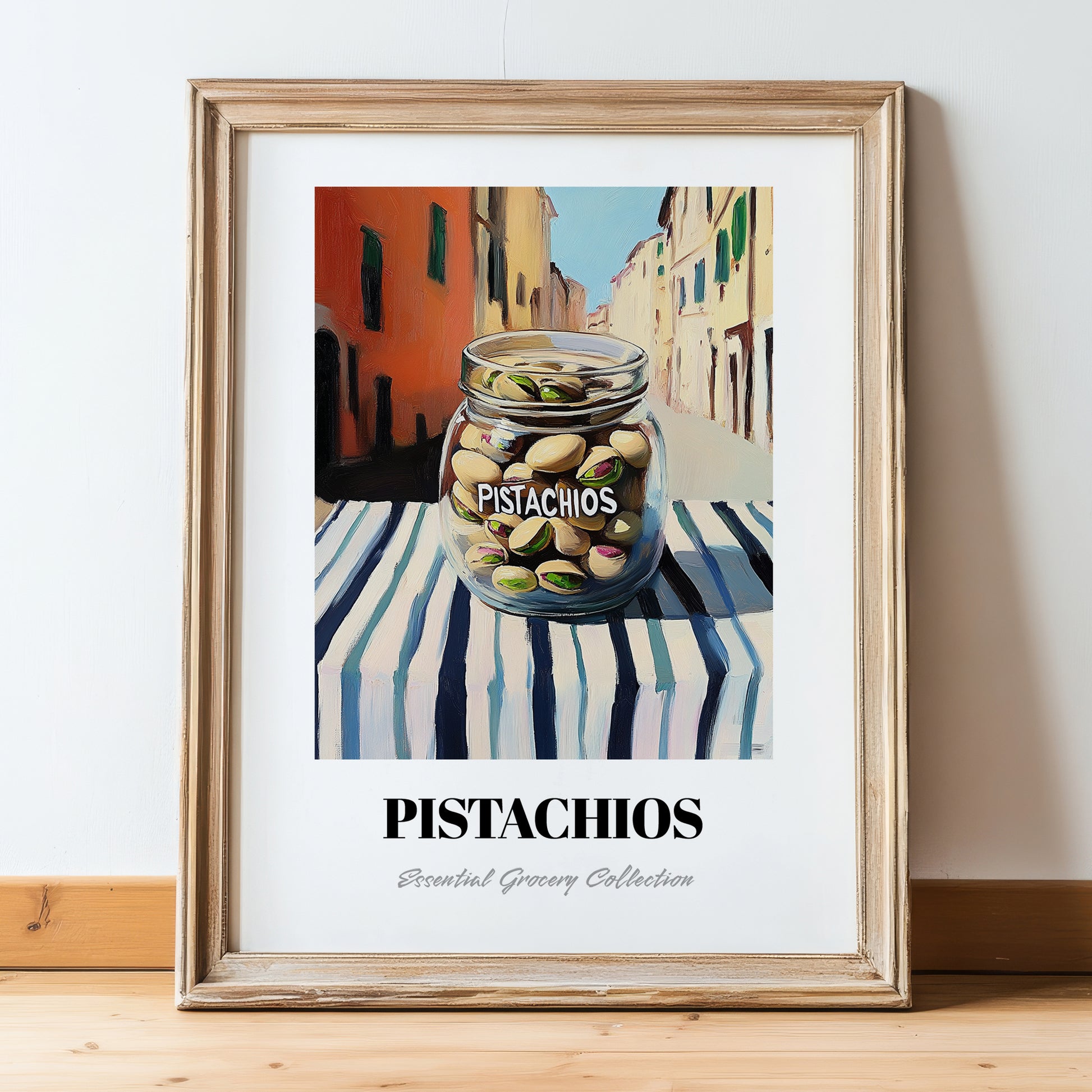 Pistachios – Italian Urban Café Scene, Nuts Wall Illustration, in wooden frame leaning on the floor