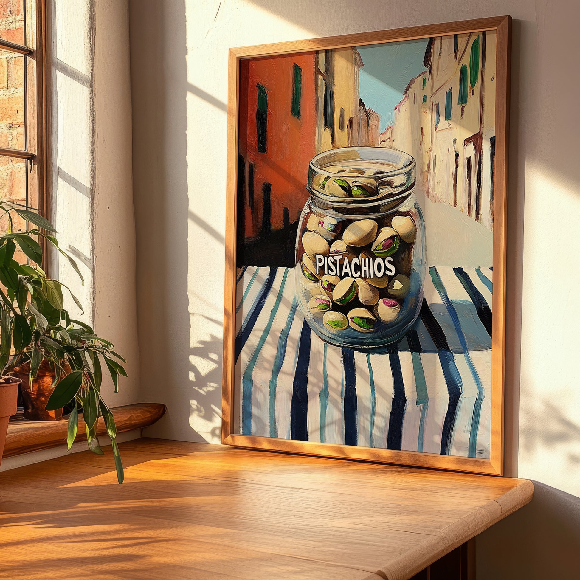 Pistachios – Italian Urban Café Scene, Nuts Wall Illustration, clean layout with no caption