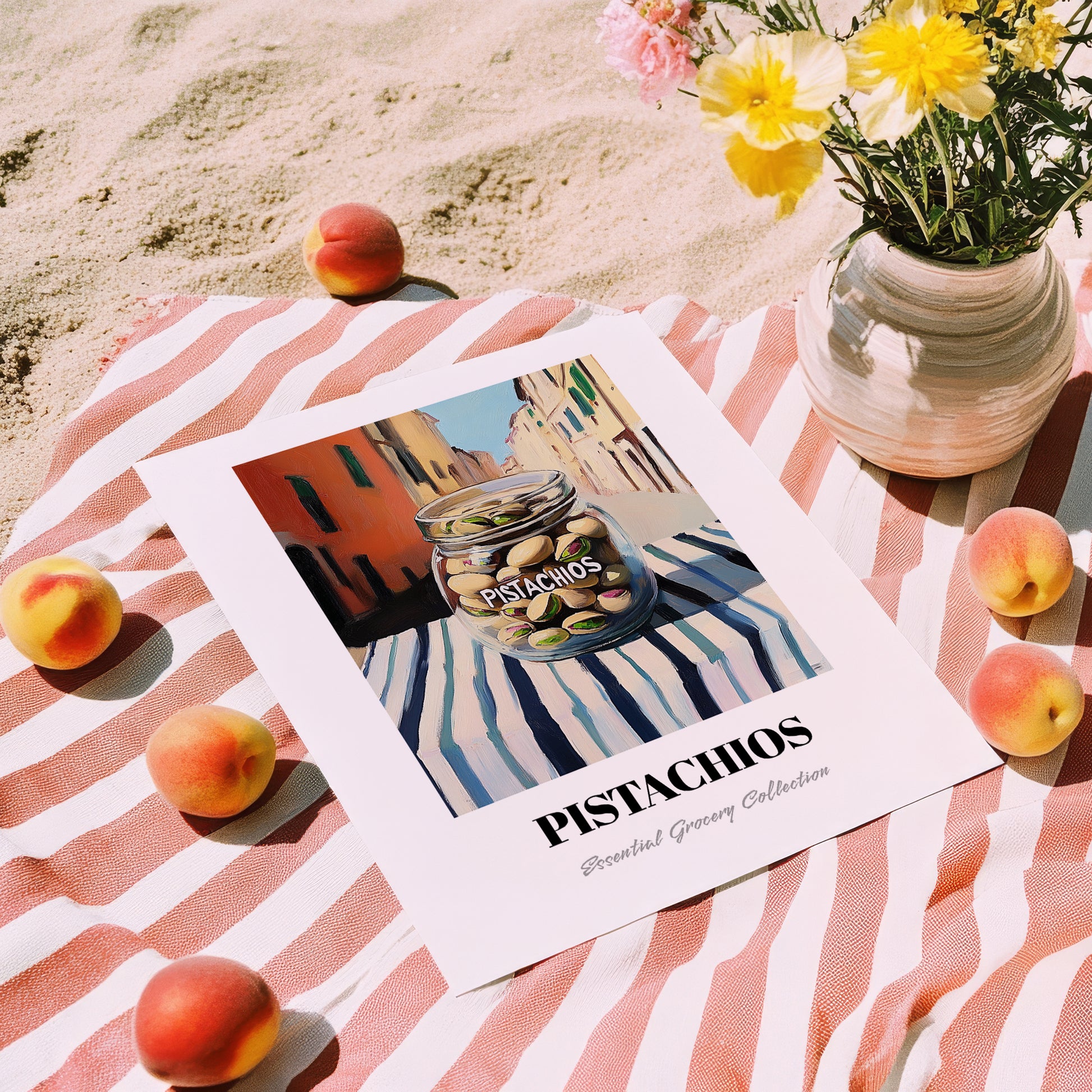 Pistachios – Italian Urban Café Scene, Nuts Wall Illustration, unframed on coastal sand