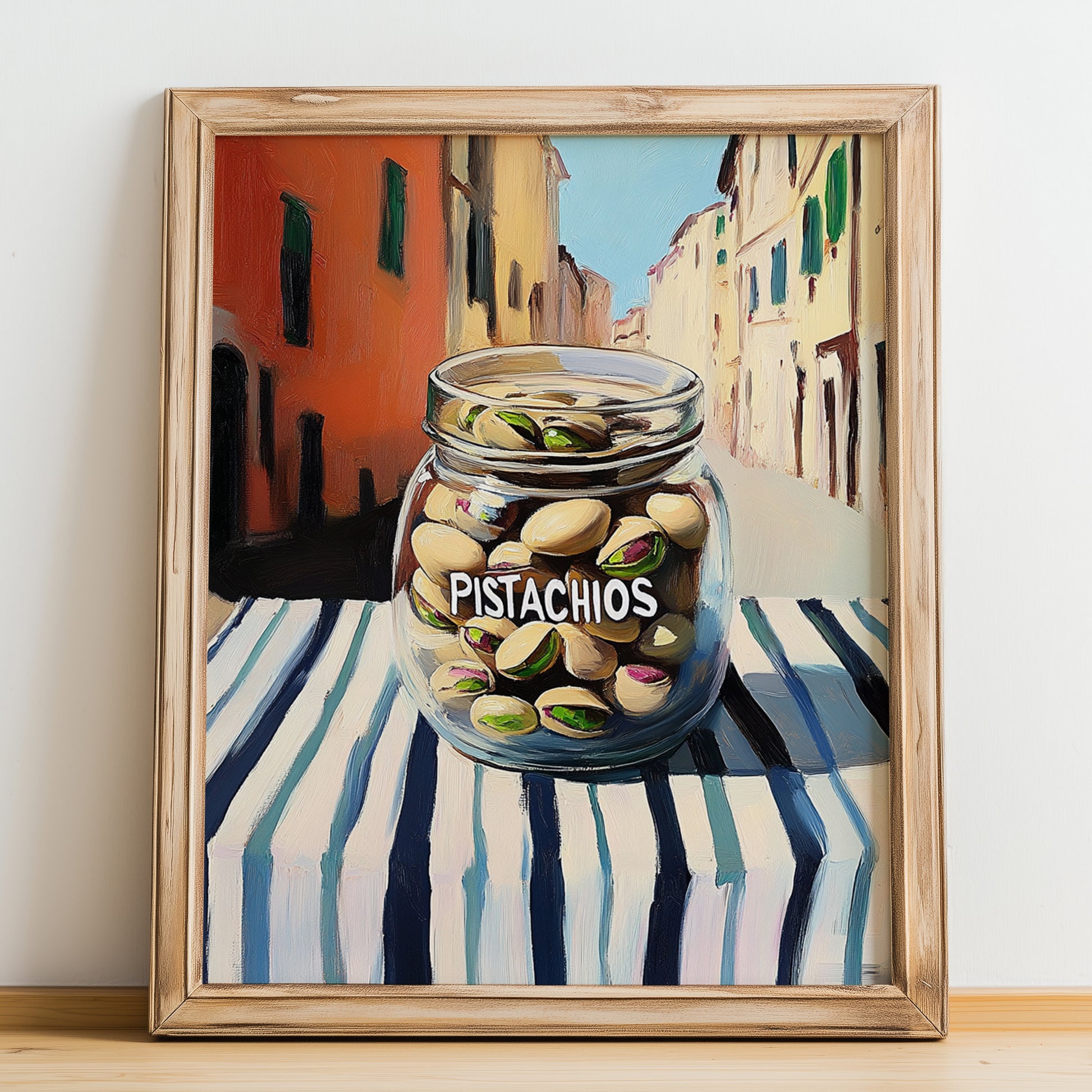 Pistachios – Italian Urban Café Scene, Nuts Wall Illustration, no-text version framed in wood