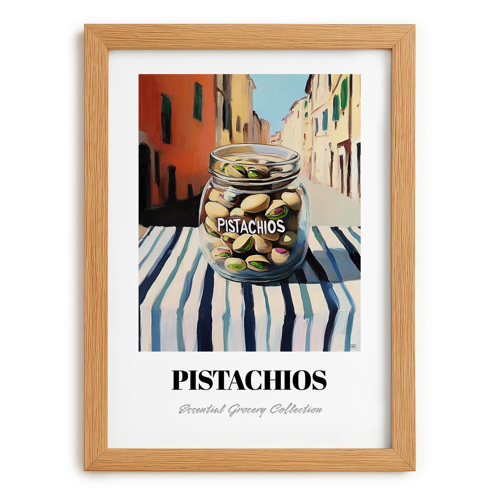Pistachios – Italian Urban Café Scene, Nuts Wall Illustration, set in oak frame