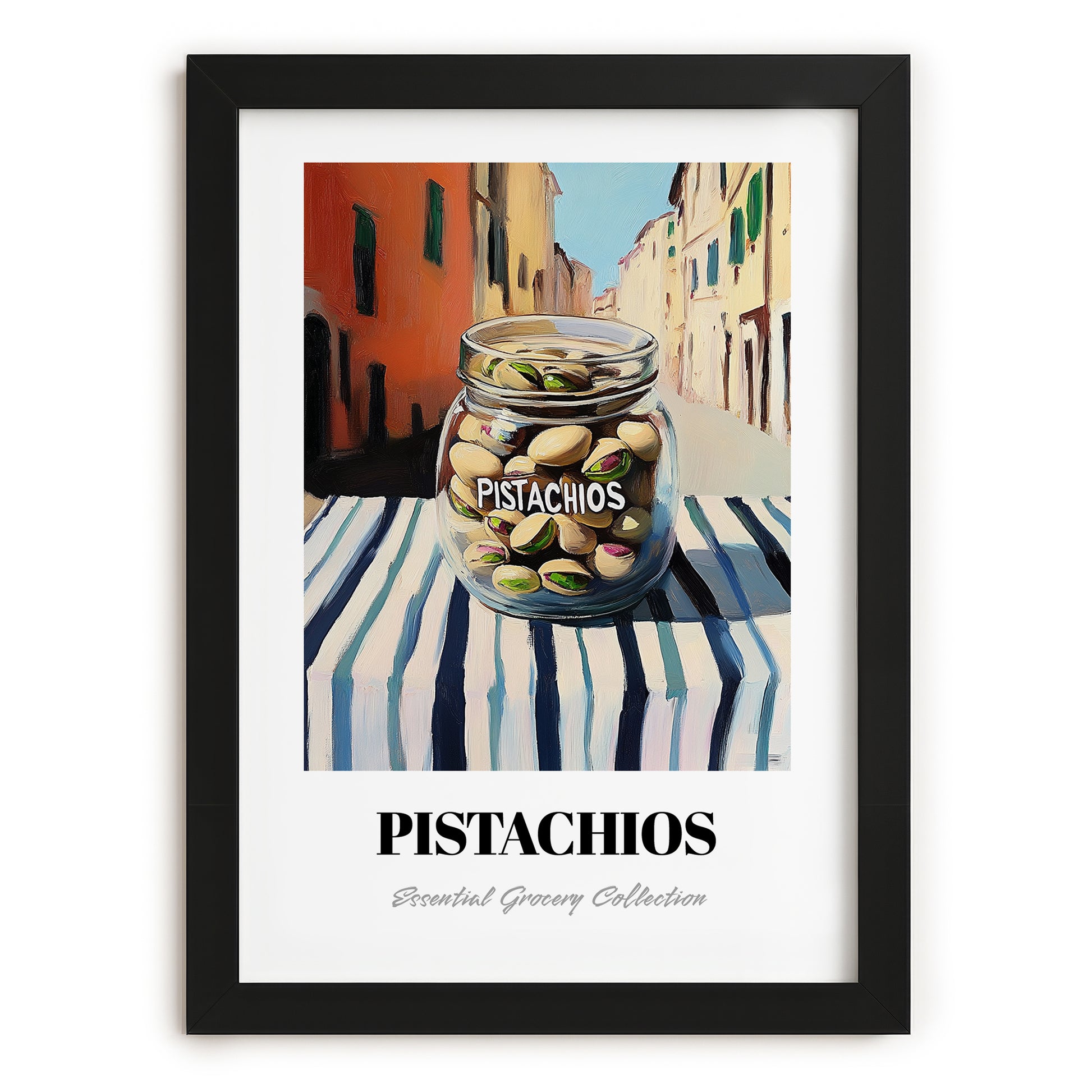 Pistachios – Italian Urban Café Scene, Nuts Wall Illustration, in sleek black frame