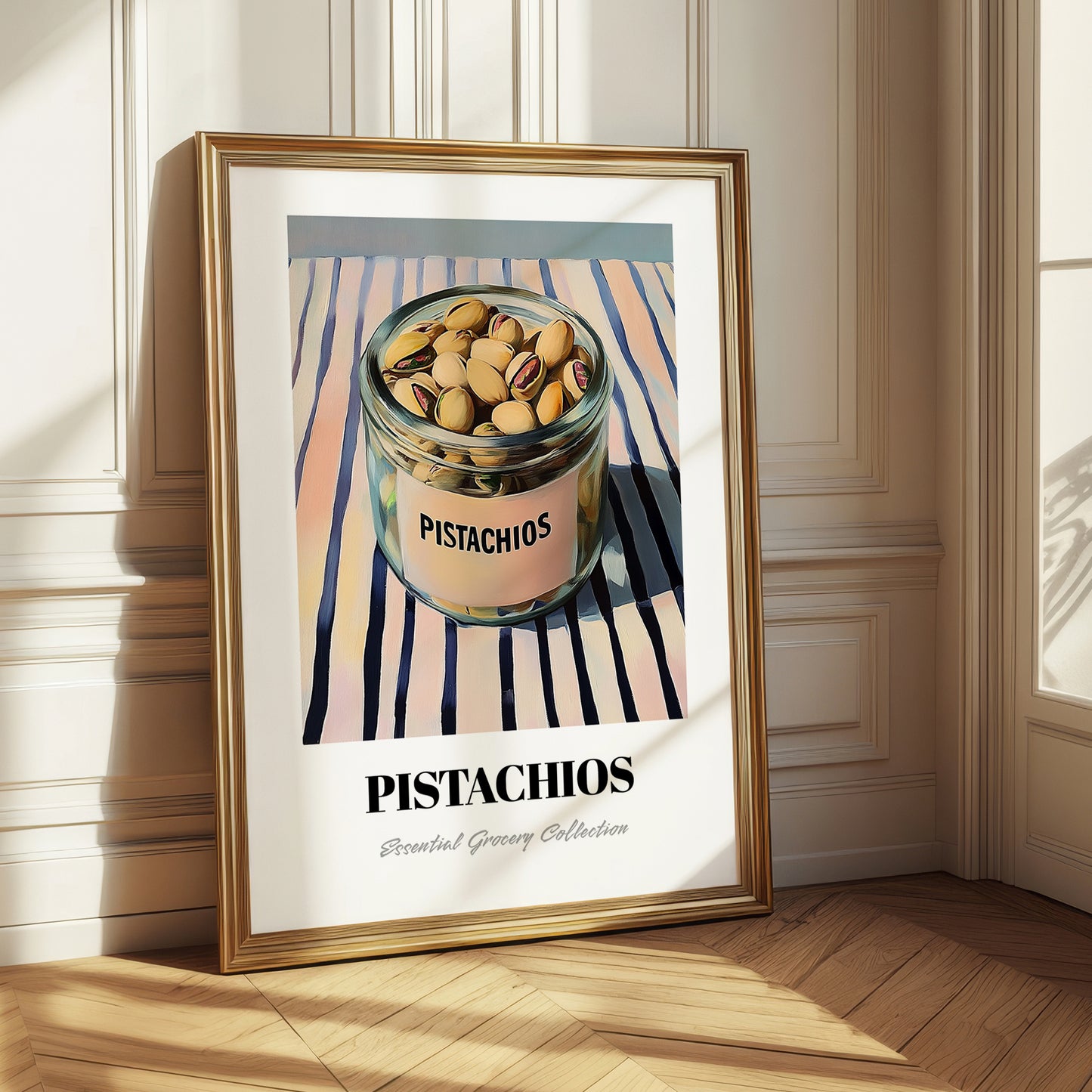 Pistachios – on Striped Tablecloth, Nuts Art