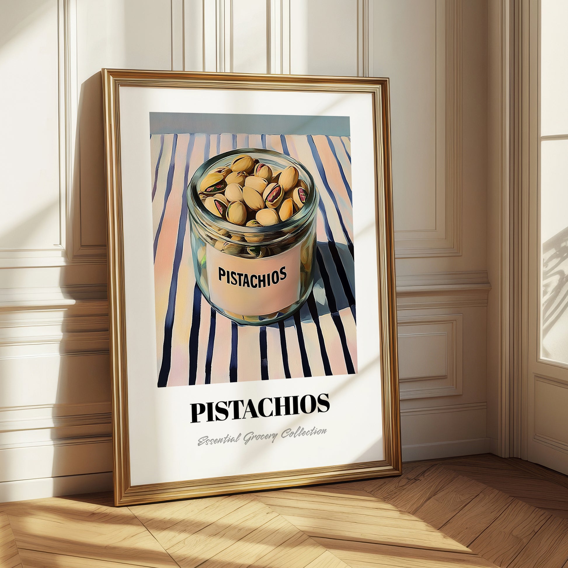 Pistachios – on Striped Tablecloth, Nuts Art