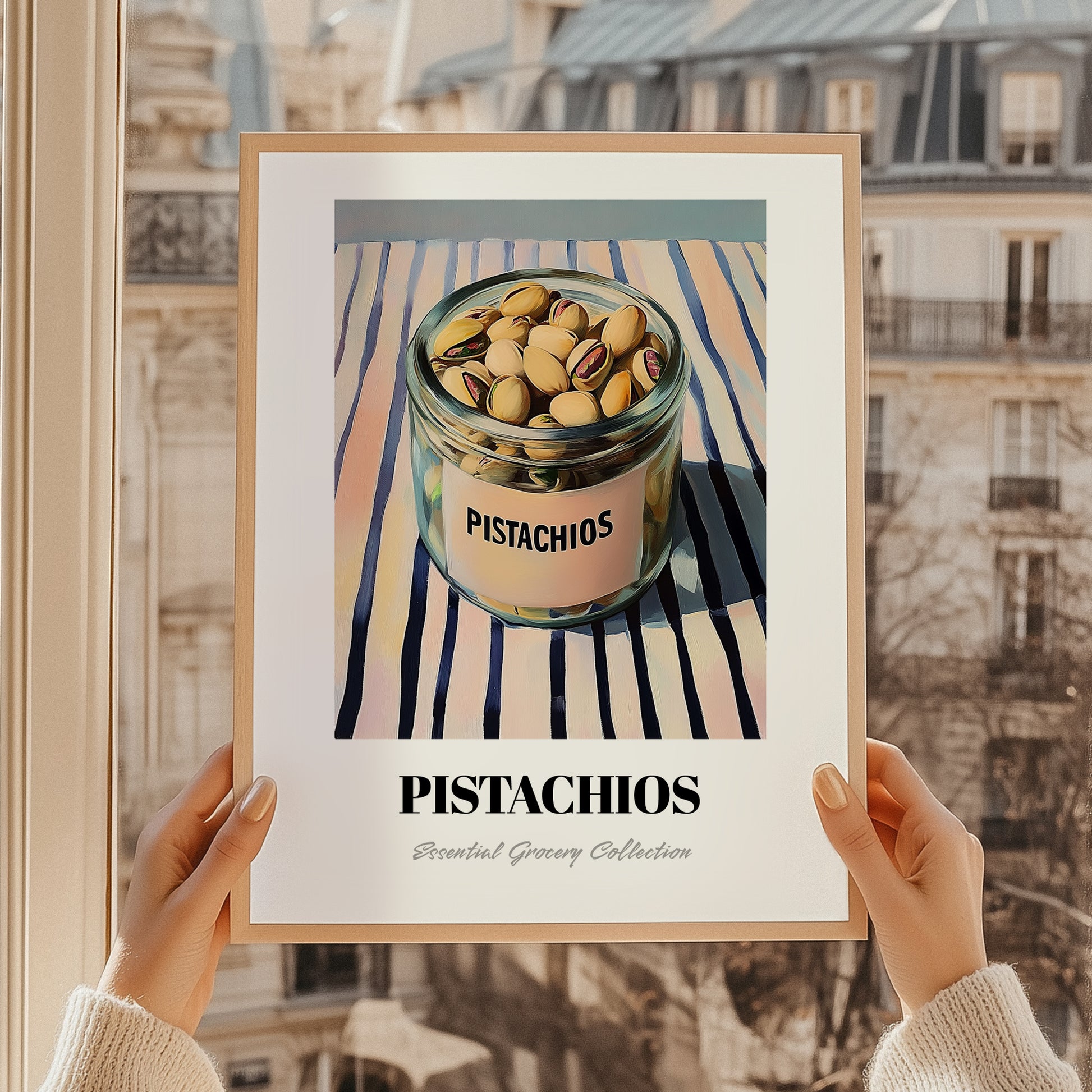 Pistachios – on Striped Tablecloth, Nuts Art, styled in a charming Paris street view