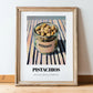 Pistachios – on Striped Tablecloth, Nuts Art, in wooden frame leaning on the floor