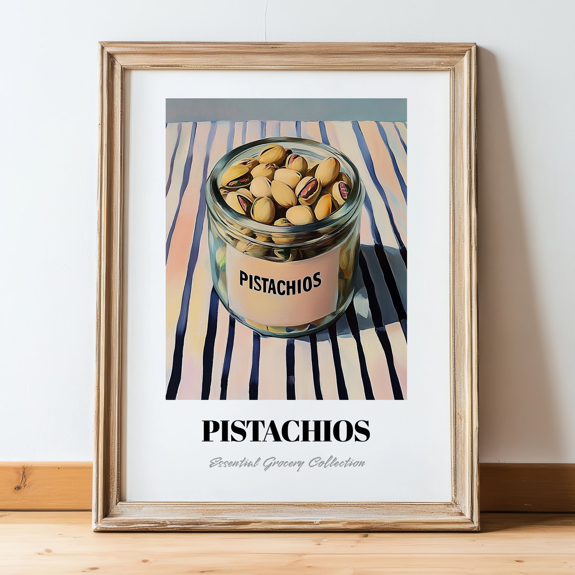 Pistachios – on Striped Tablecloth, Nuts Art, in wooden frame leaning on the floor