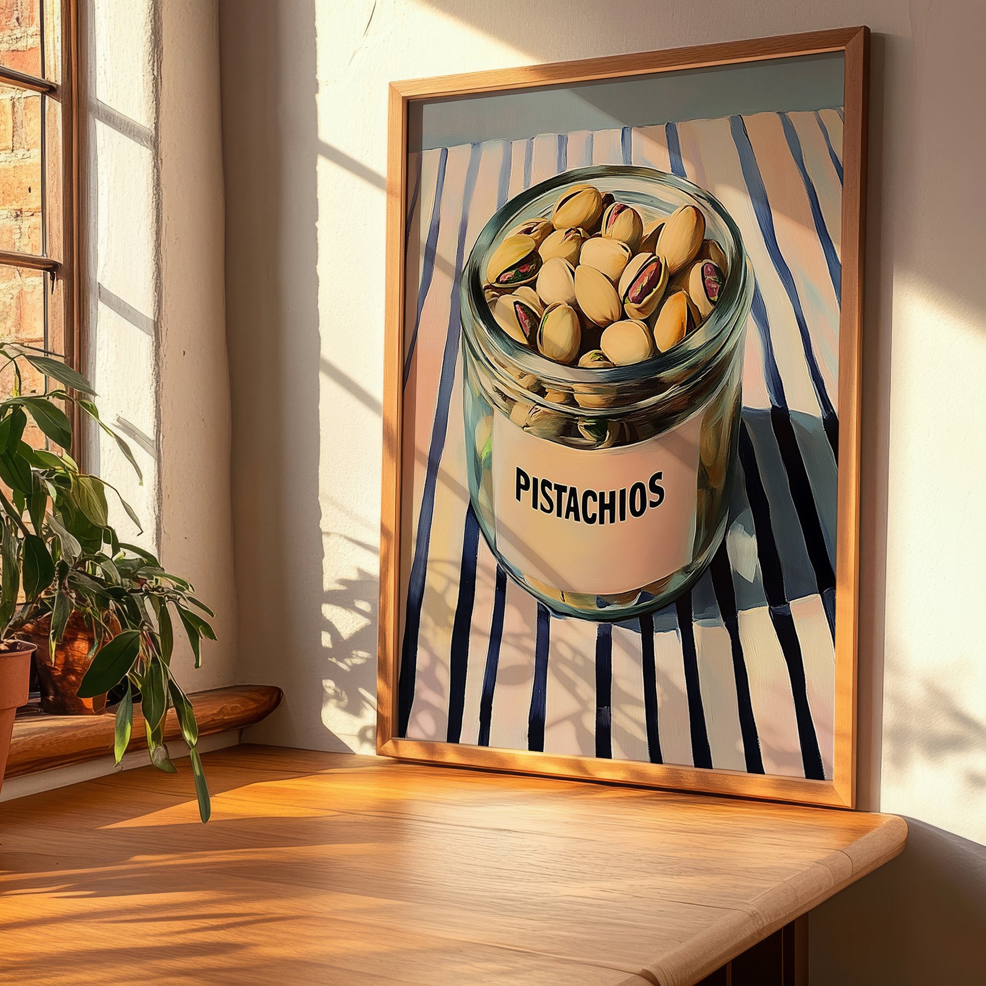Pistachios – on Striped Tablecloth, Nuts Art, clean layout with no caption