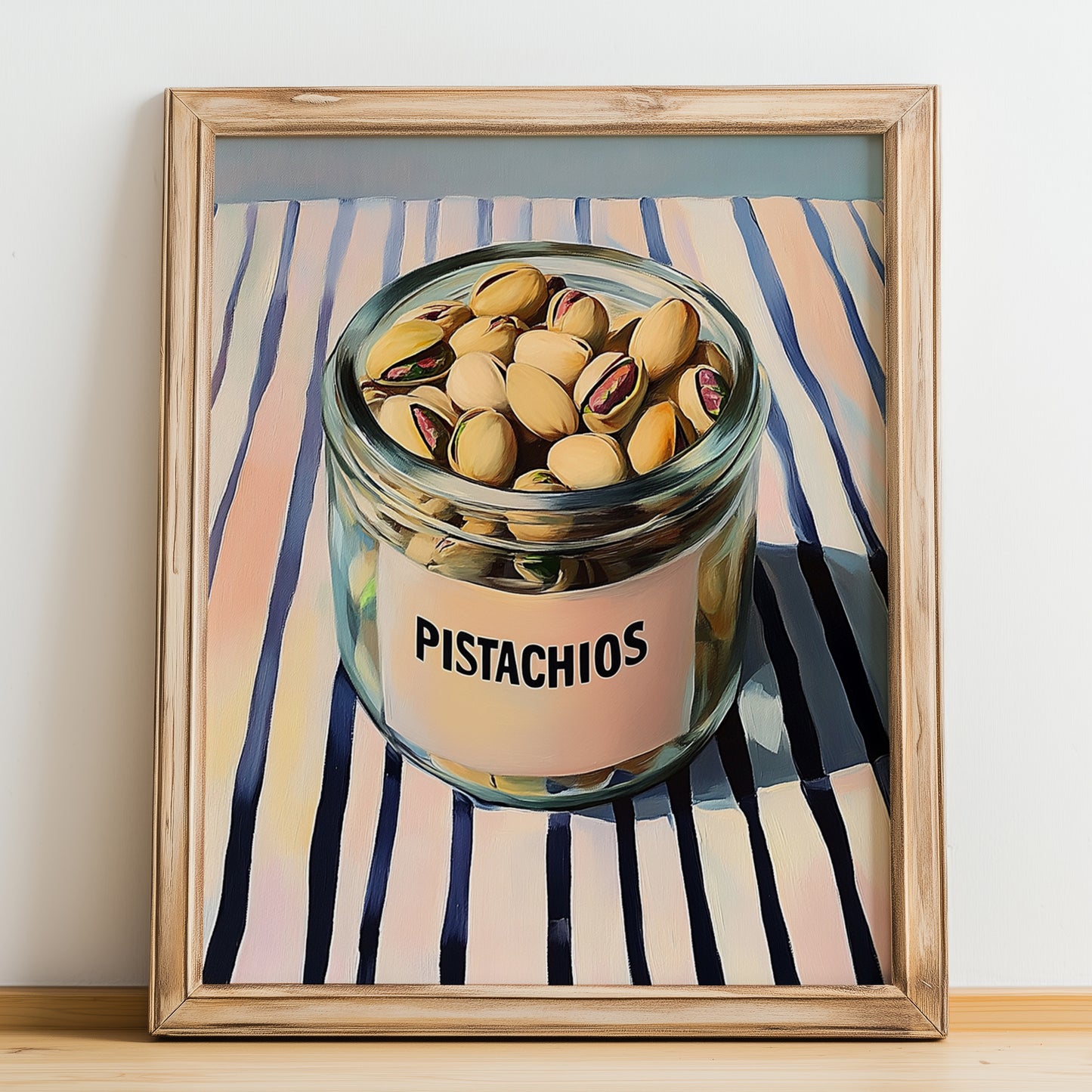 Pistachios – on Striped Tablecloth, Nuts Art, no-text version framed in wood