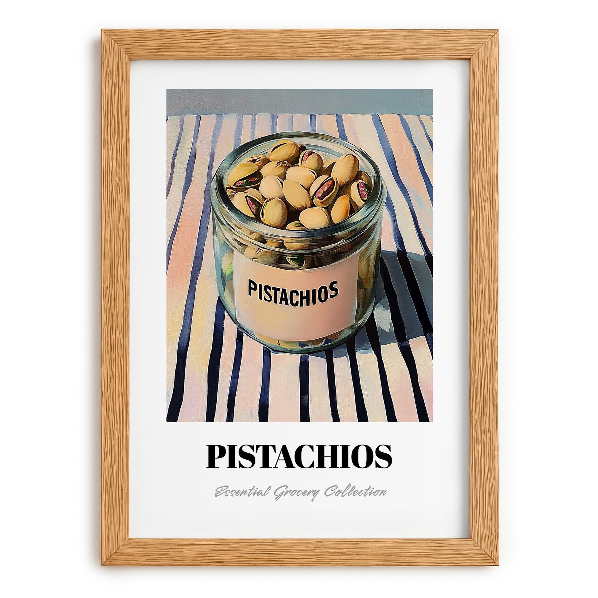 Pistachios – on Striped Tablecloth, Nuts Art, set in oak frame