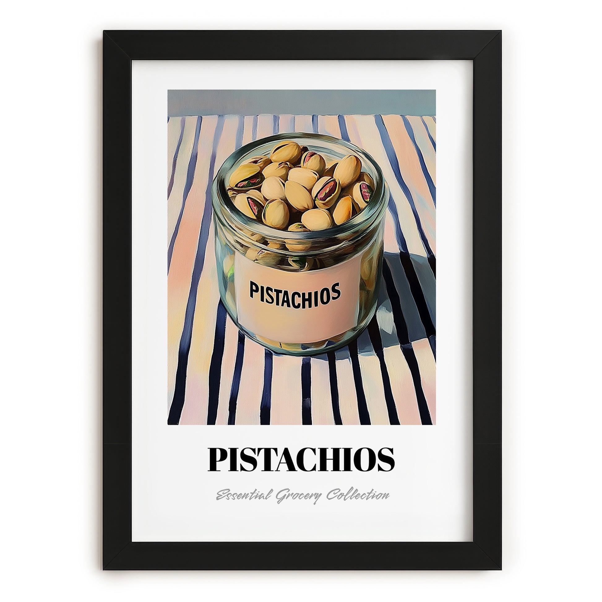 Pistachios – on Striped Tablecloth, Nuts Art, in sleek black frame