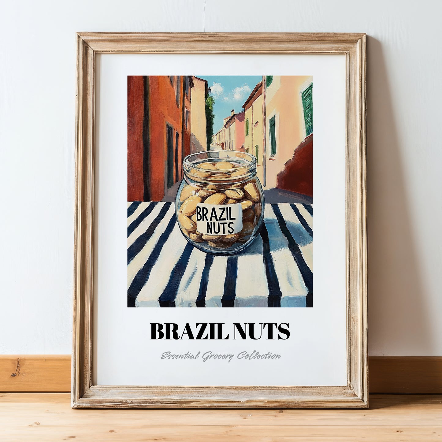 Brazil Nuts – Italian Outdoor Café Scene, Nuts Wall Decor, in wooden frame leaning on the floor
