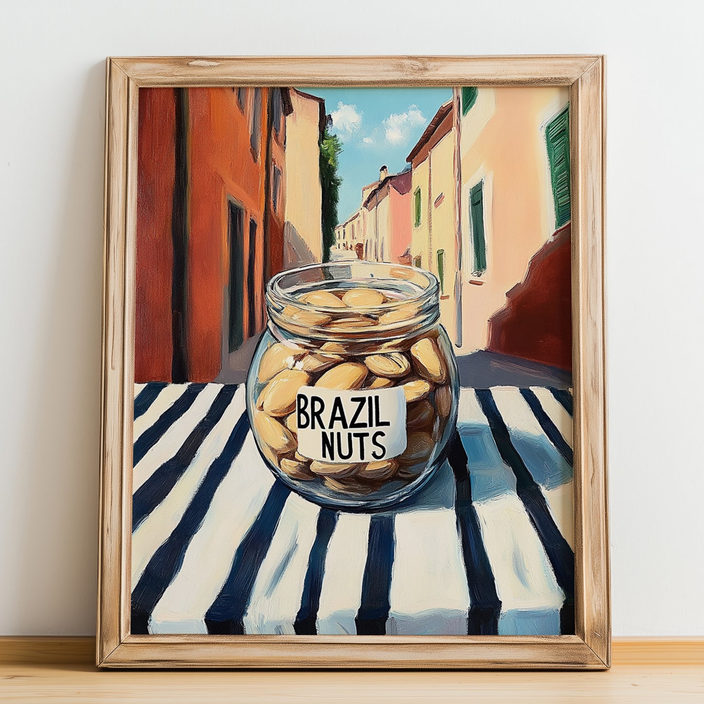 Brazil Nuts – Italian Outdoor Café Scene, Nuts Wall Decor, no-text version framed in wood