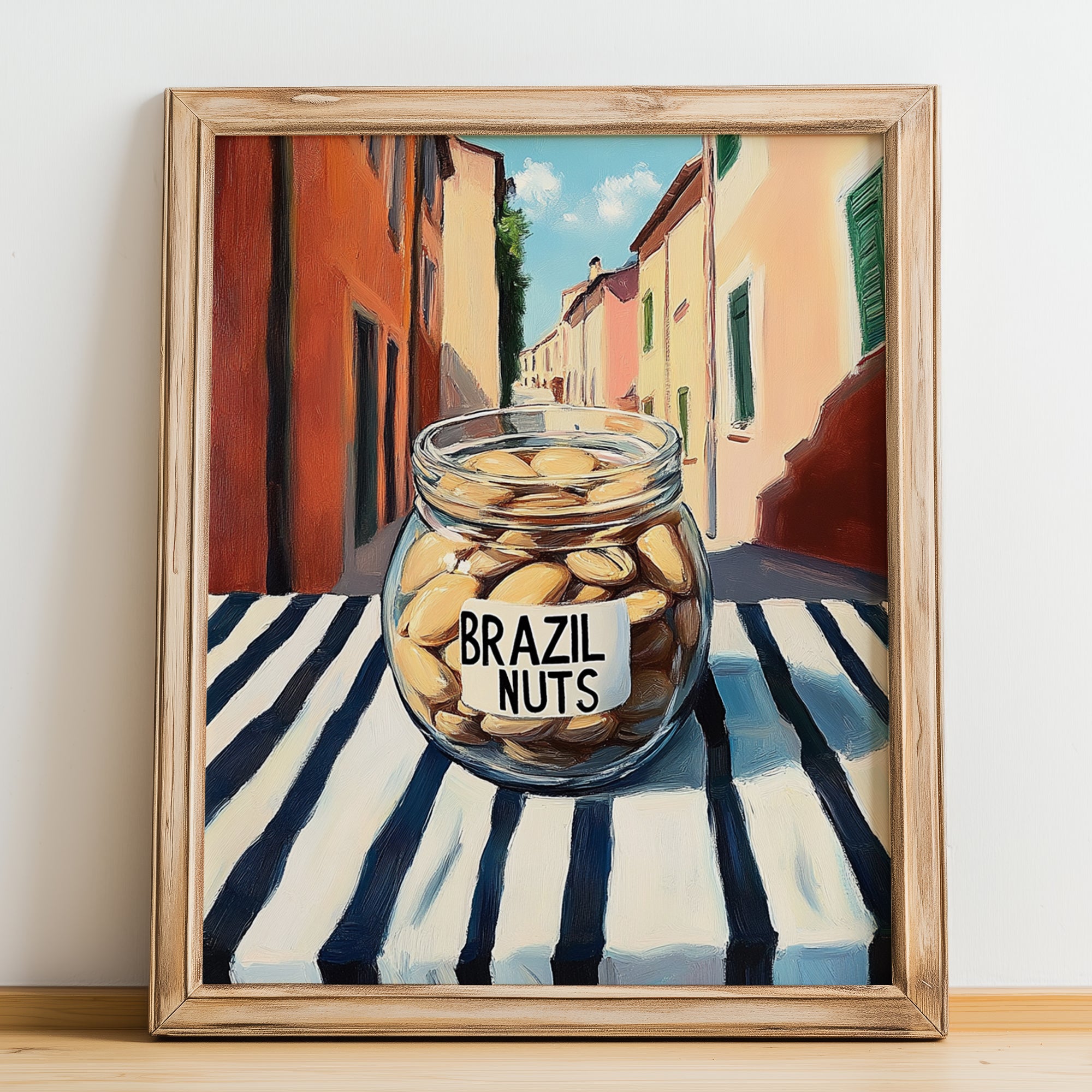Brazil Nuts – Italian Outdoor Café Scene, Nuts Wall Decor, no-text version framed in wood
