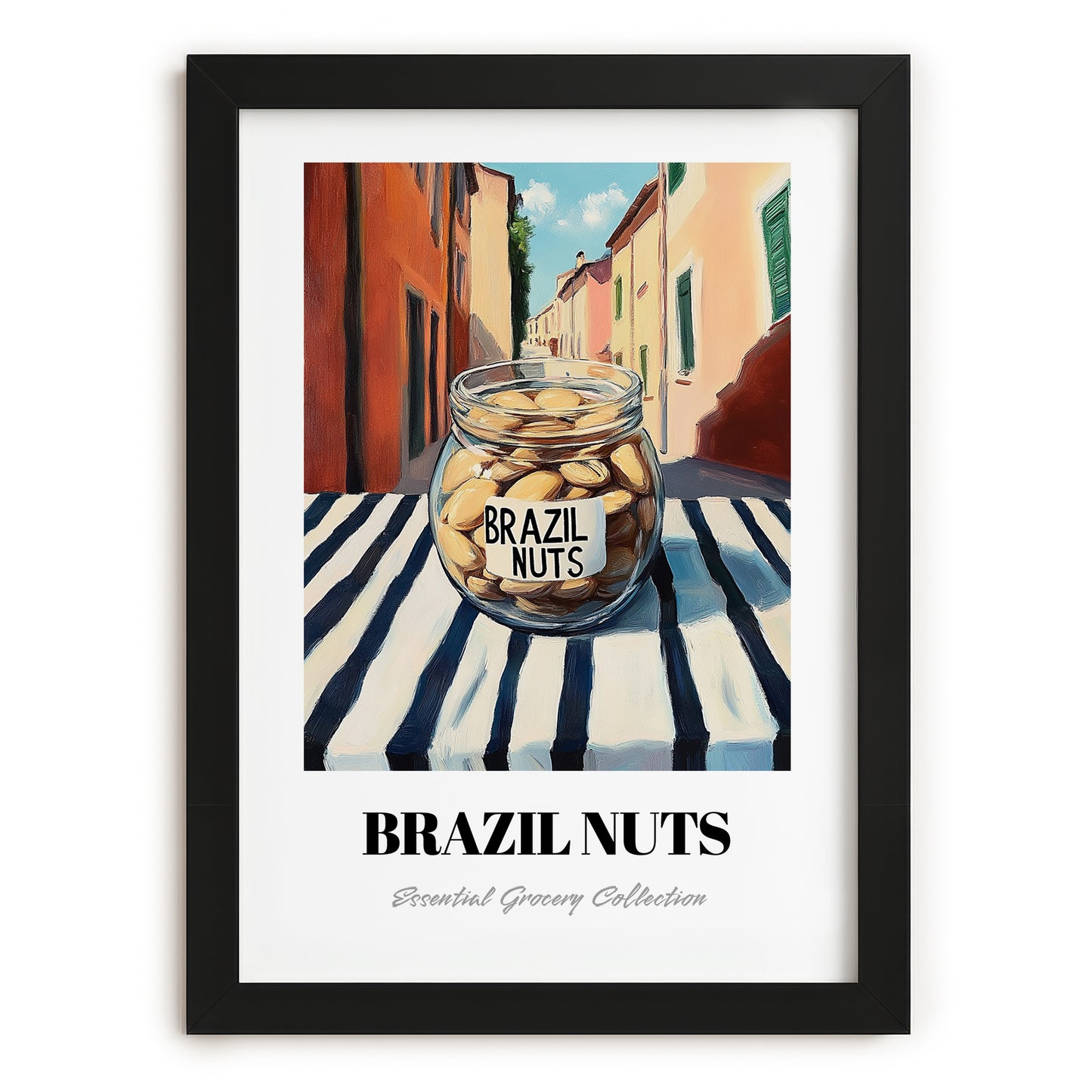 Brazil Nuts – Italian Outdoor Café Scene, Nuts Wall Decor, in sleek black frame