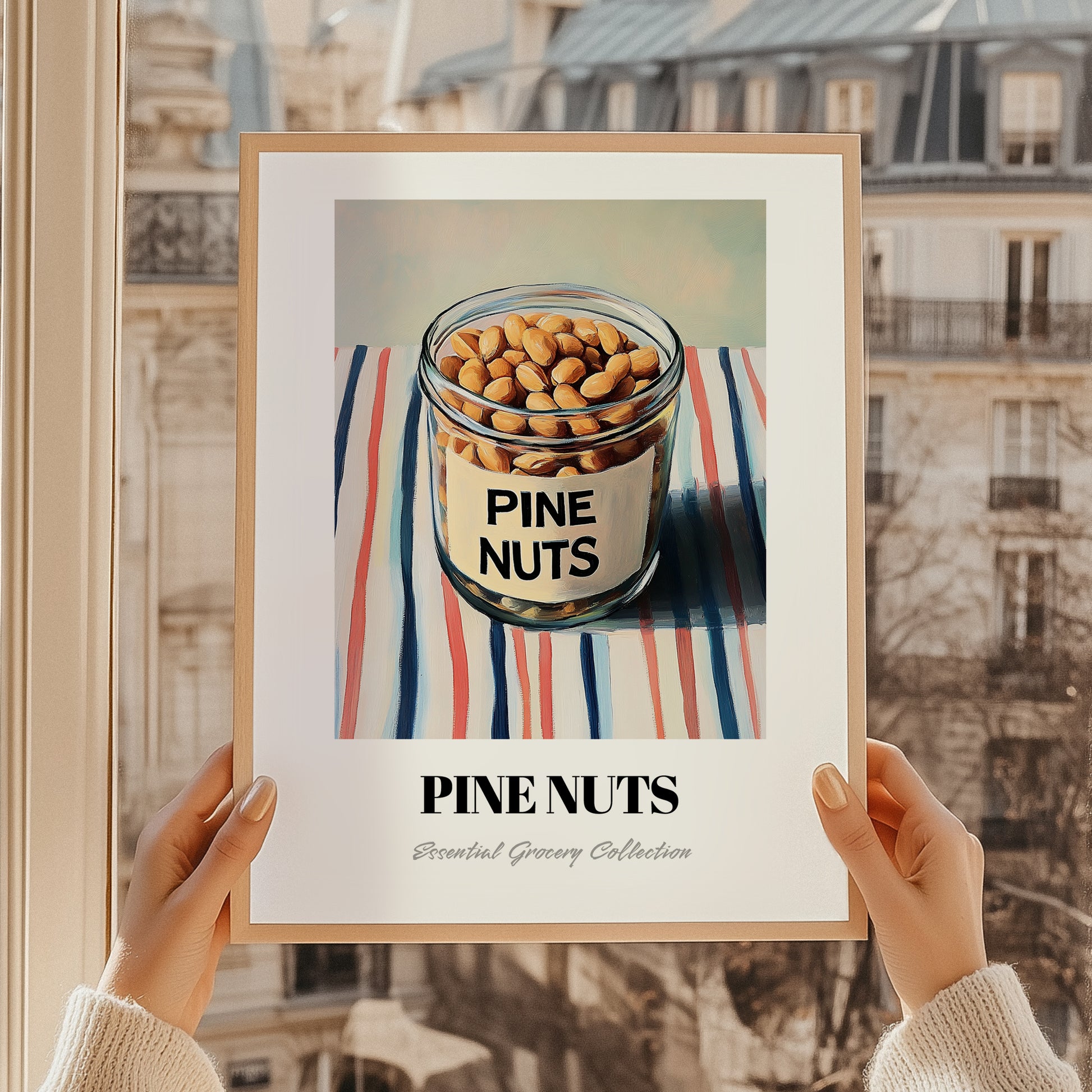 Pine Nuts – on Striped Tablecloth, Nuts Wall Decor, styled in a charming Paris street view