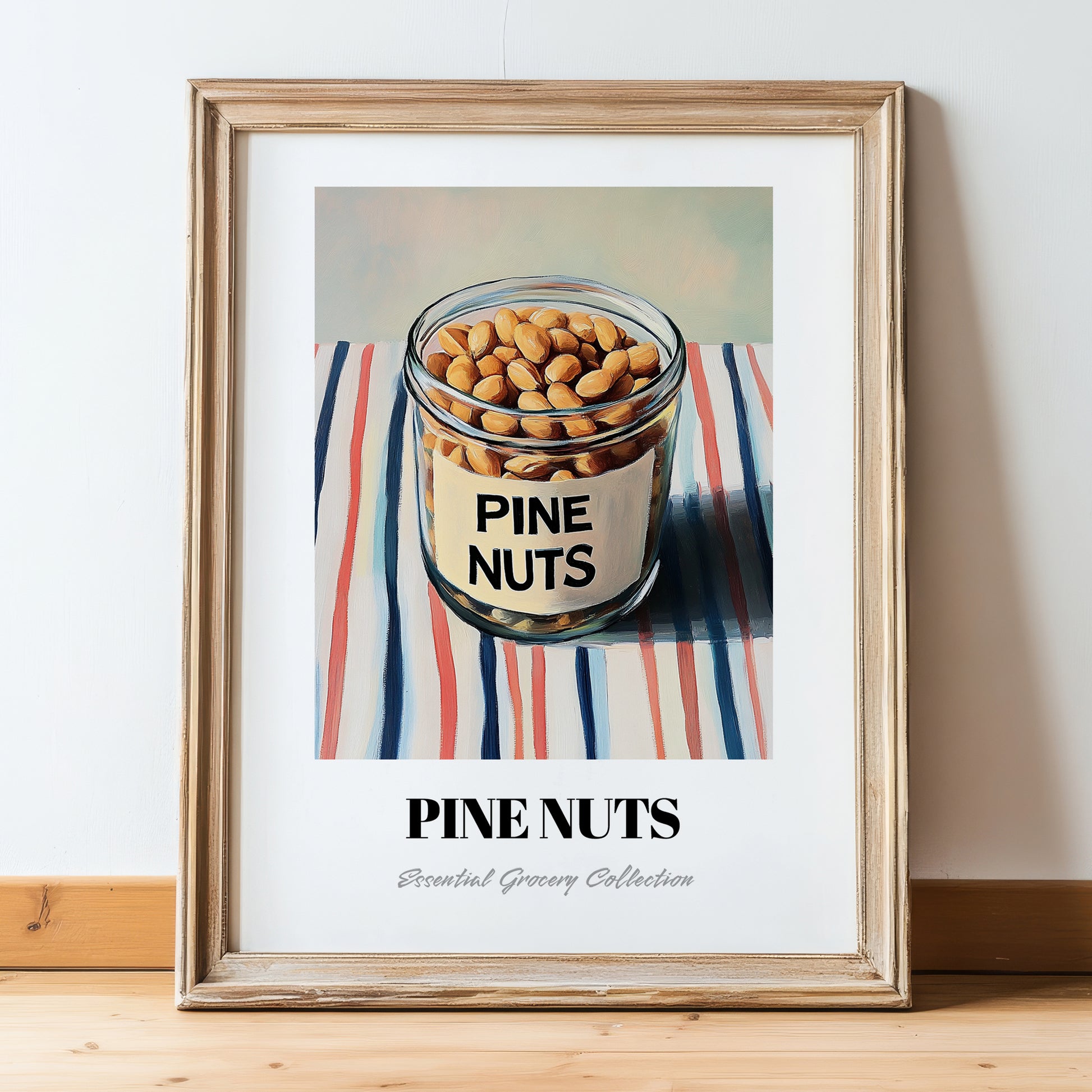 Pine Nuts – on Striped Tablecloth, Nuts Wall Decor, in wooden frame leaning on the floor