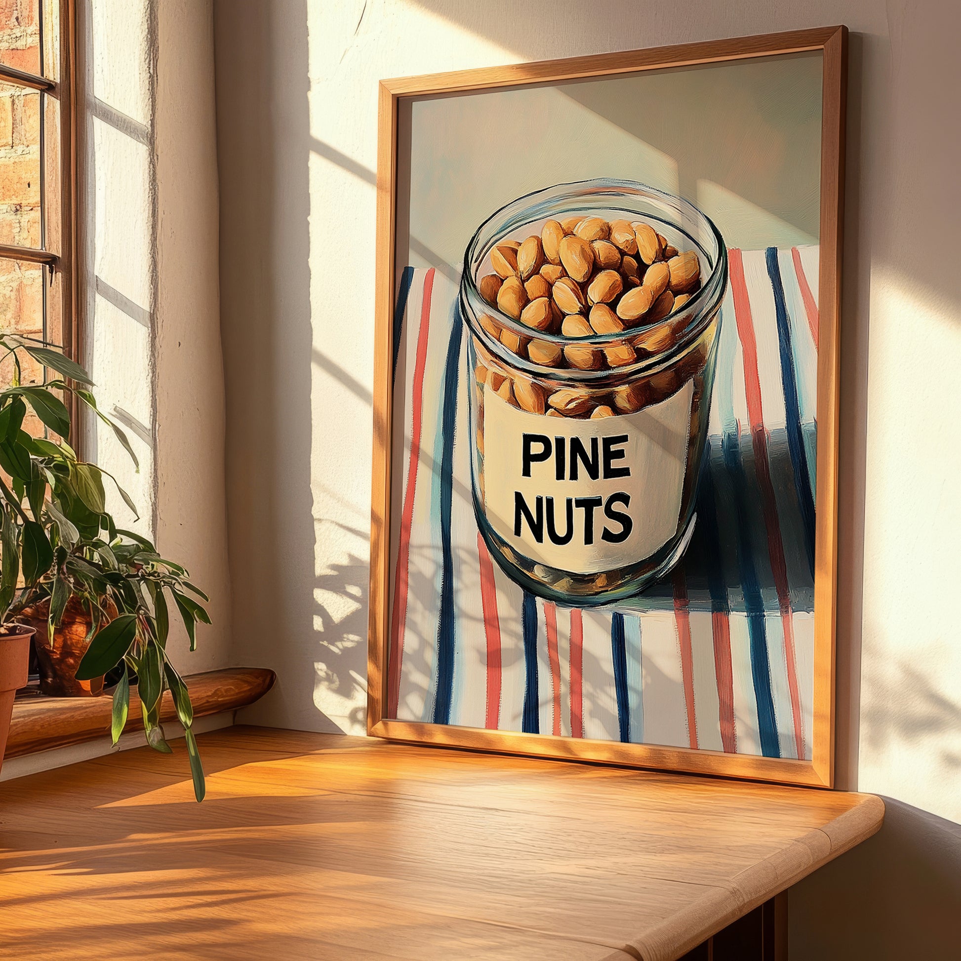 Pine Nuts – on Striped Tablecloth, Nuts Wall Decor, clean layout with no caption