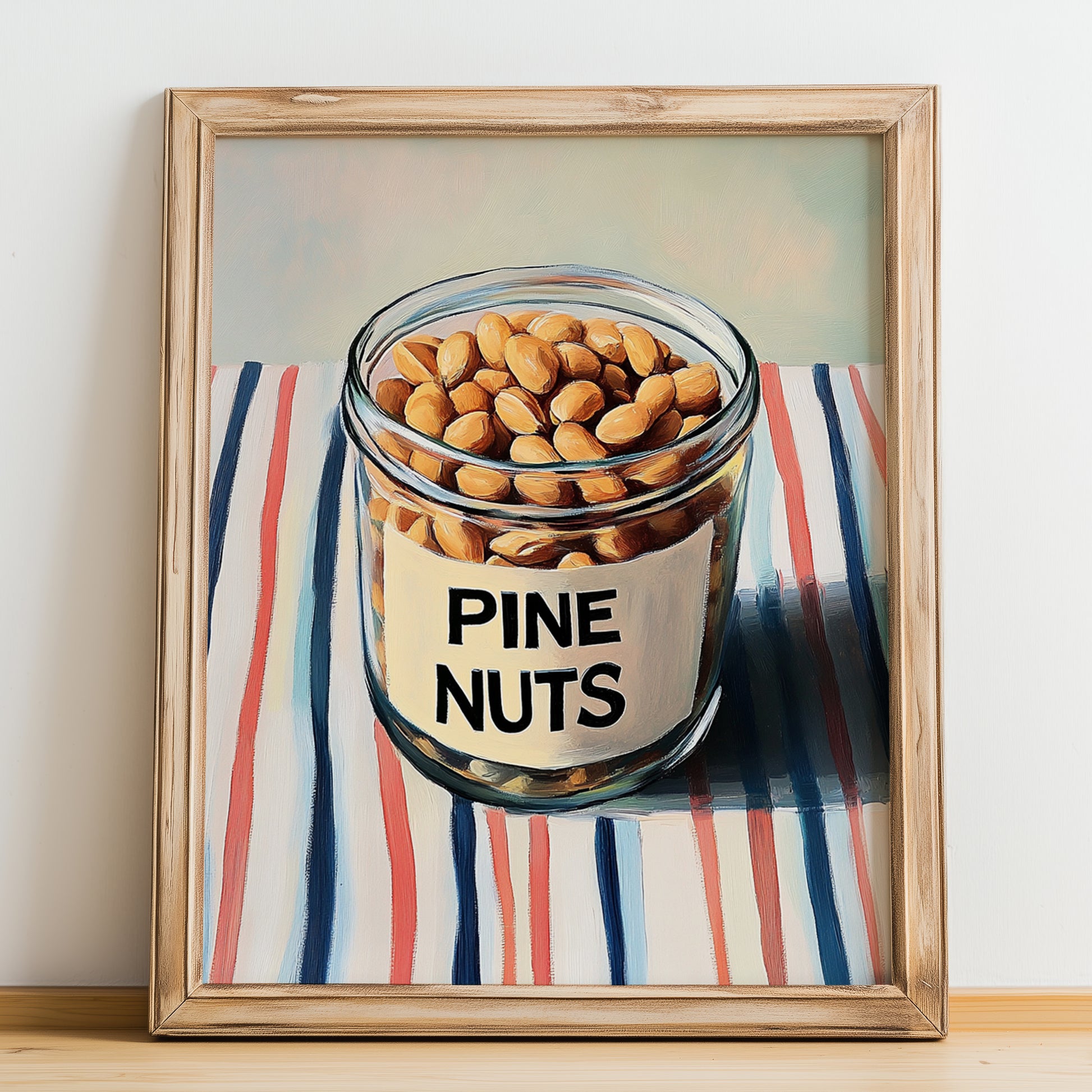 Pine Nuts – on Striped Tablecloth, Nuts Wall Decor, no-text version framed in wood