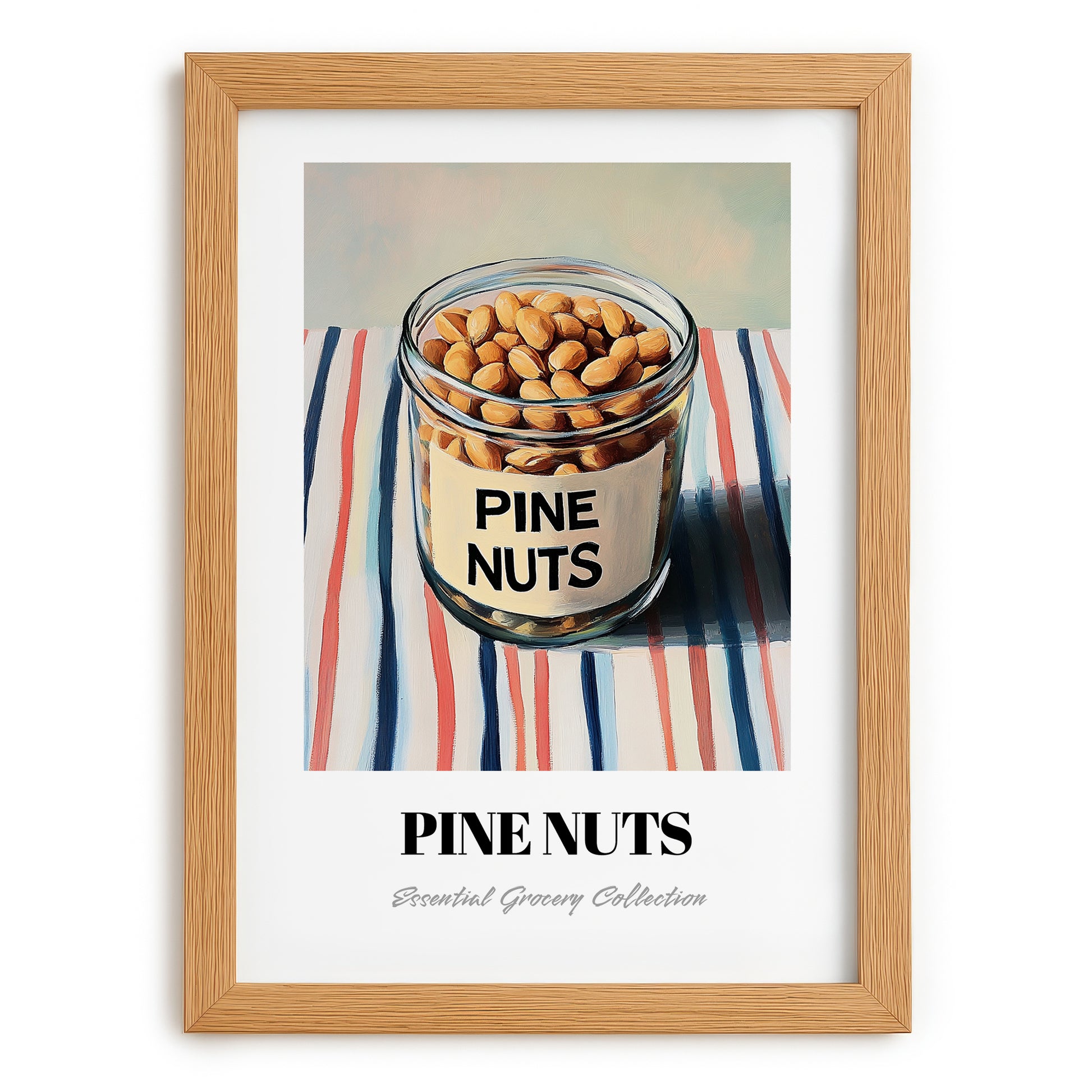 Pine Nuts – on Striped Tablecloth, Nuts Wall Decor, set in oak frame