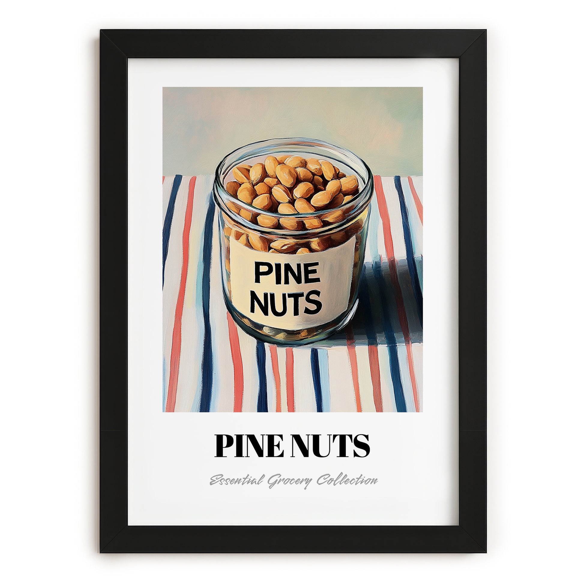 Pine Nuts – on Striped Tablecloth, Nuts Wall Decor, in sleek black frame