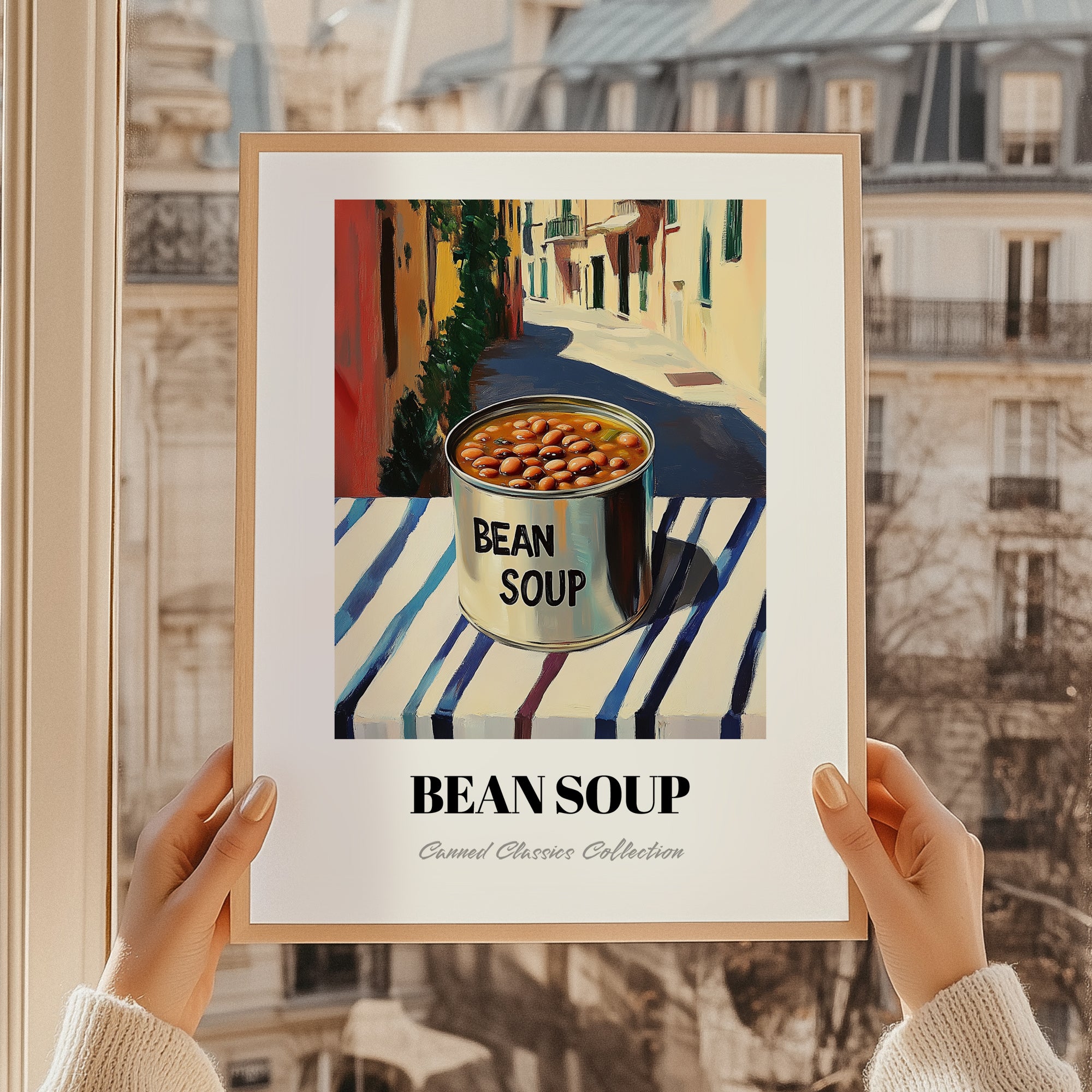 Bean Soup – Italian Café on the Corner, Canned Vegetables Wall Art, styled in a charming Paris street view