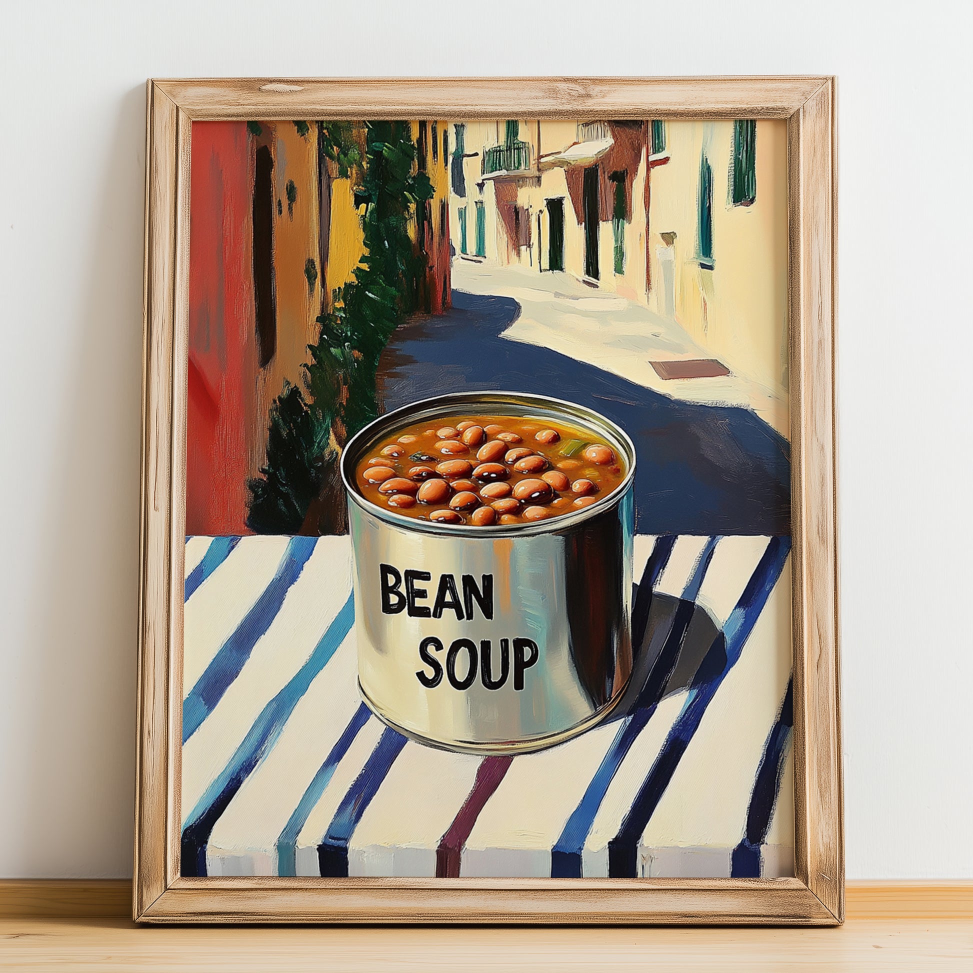 Bean Soup – Italian Café on the Corner, Canned Vegetables Wall Art, no-text version framed in wood