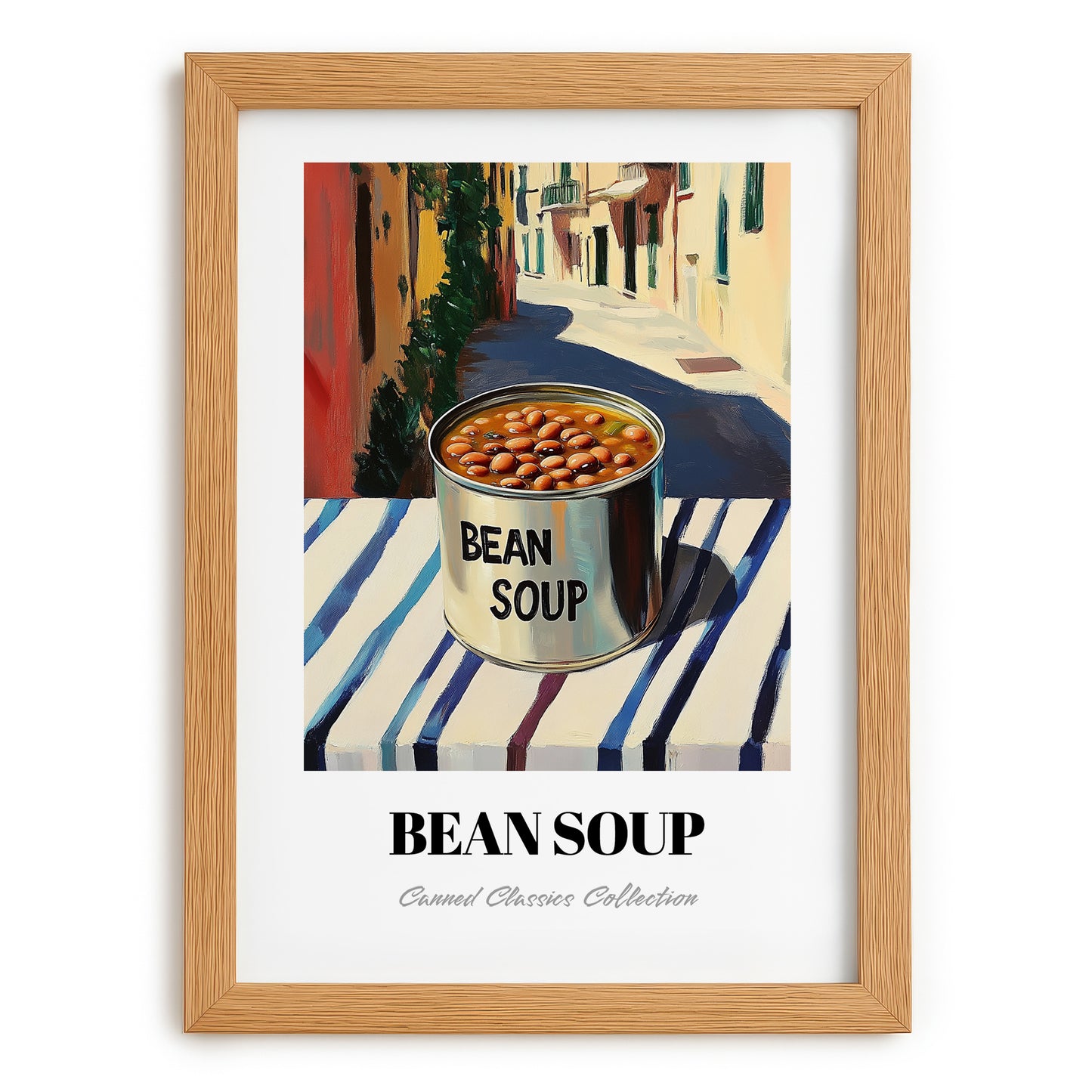 Bean Soup – Italian Café on the Corner, Canned Vegetables Wall Art, set in oak frame