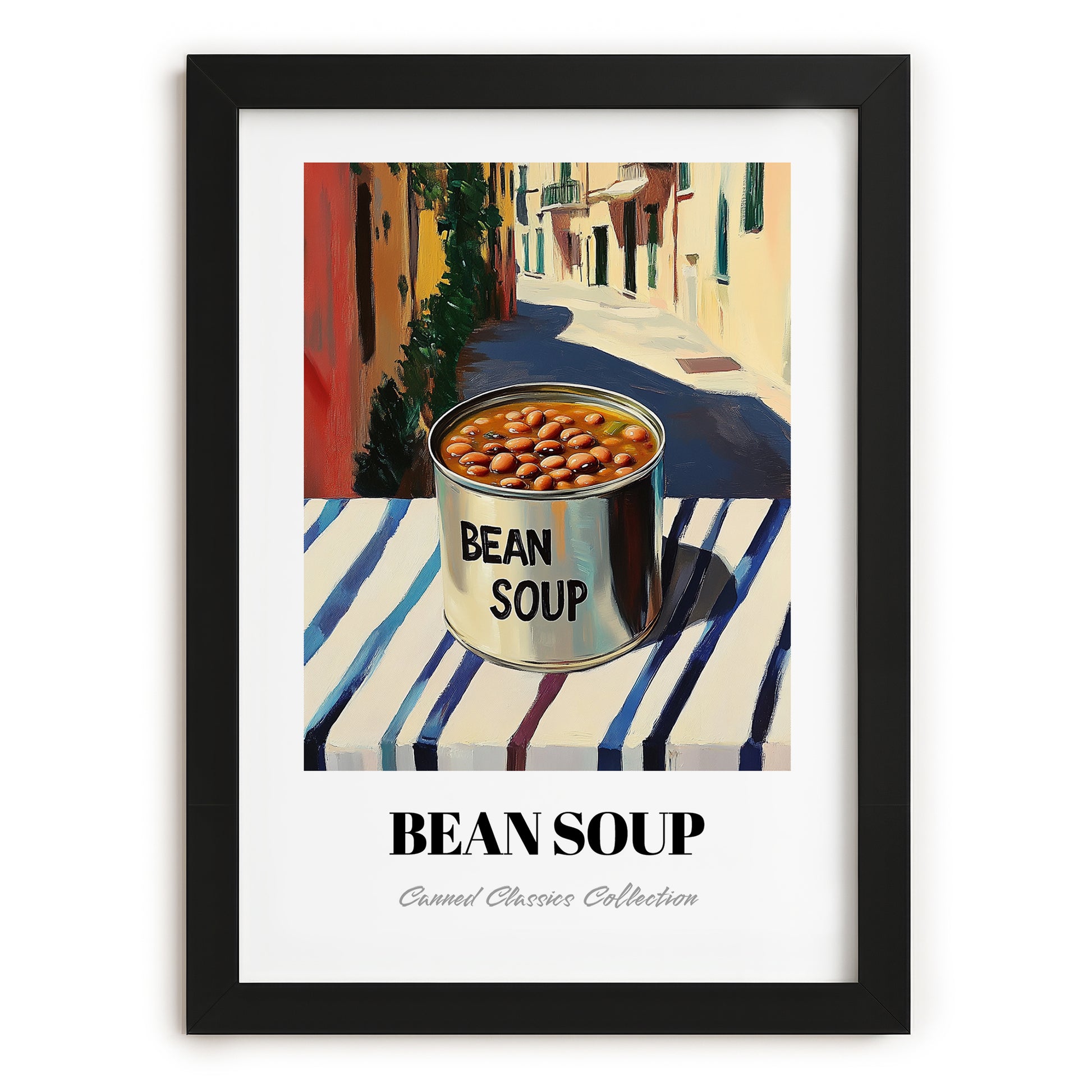 Bean Soup – Italian Café on the Corner, Canned Vegetables Wall Art, in sleek black frame