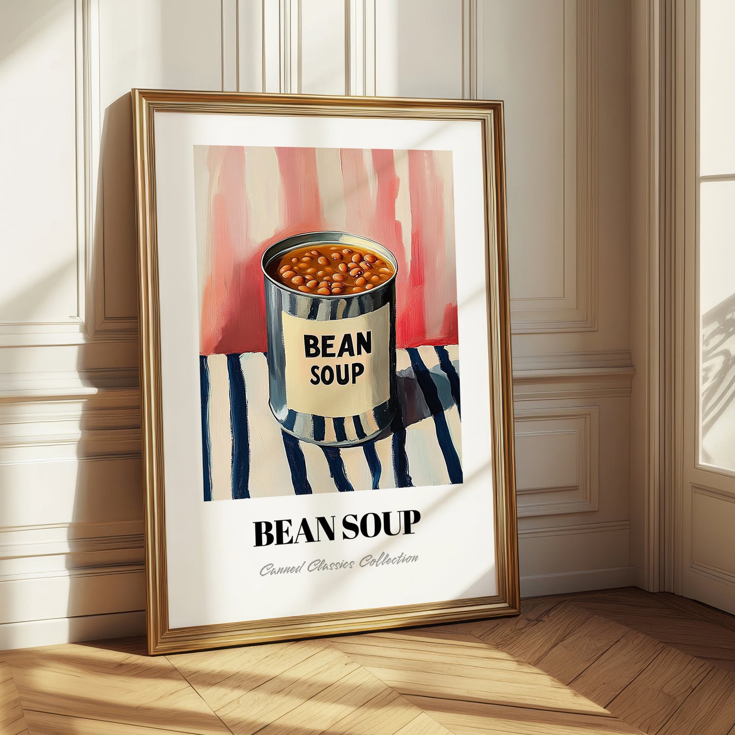 Bean Soup – on Striped Tablecloth, Canned Vegetables Wall Decor