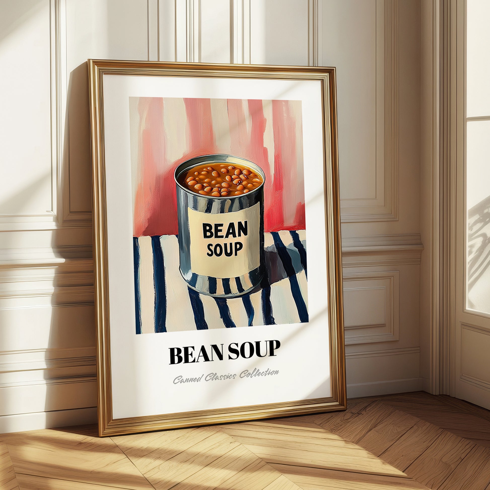 Bean Soup – on Striped Tablecloth, Canned Vegetables Wall Decor