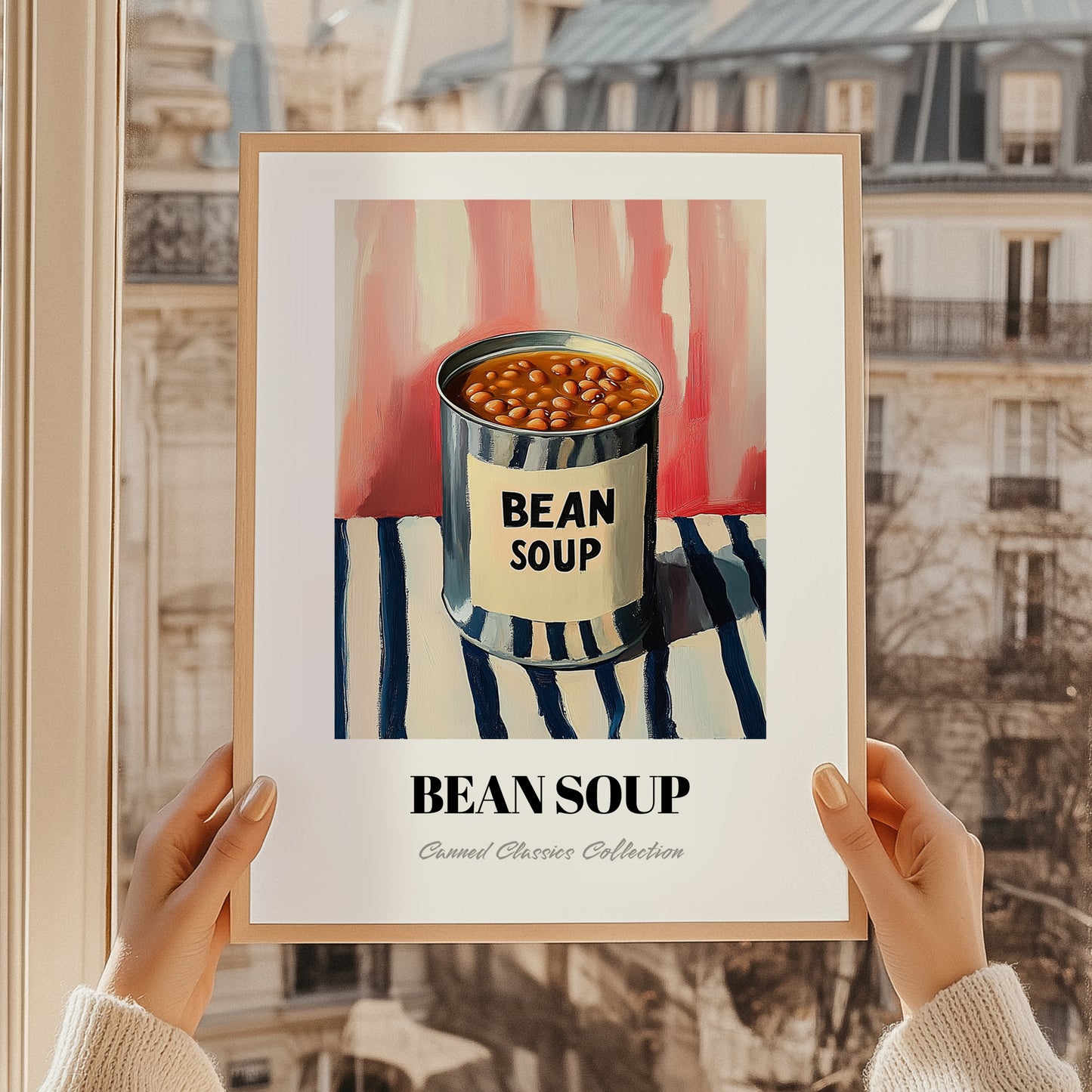 Bean Soup – on Striped Tablecloth, Canned Vegetables Wall Decor, styled in a charming Paris street view