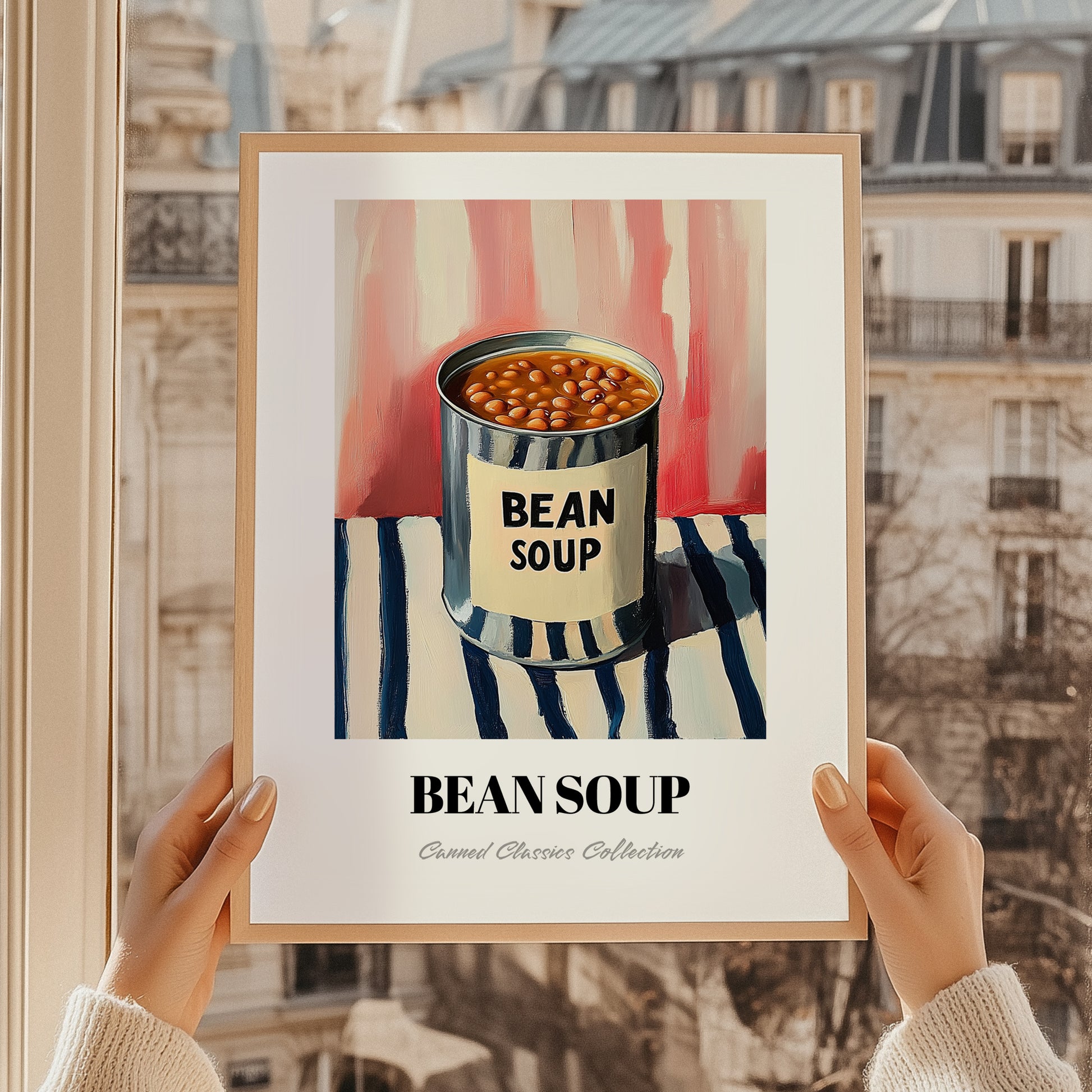 Bean Soup – on Striped Tablecloth, Canned Vegetables Wall Decor, styled in a charming Paris street view