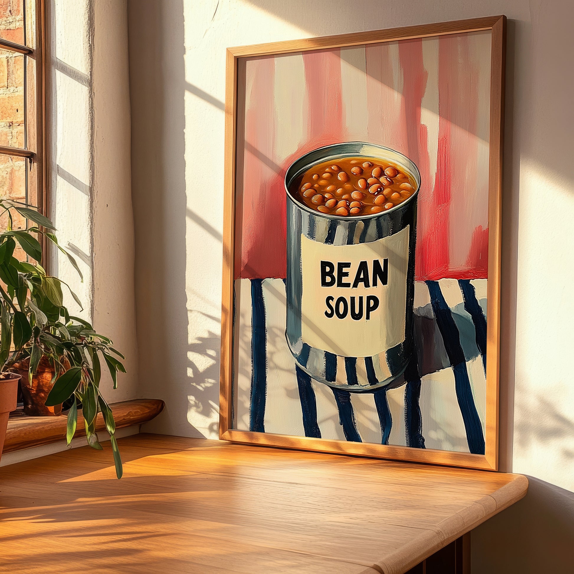 Bean Soup – on Striped Tablecloth, Canned Vegetables Wall Decor, clean layout with no caption