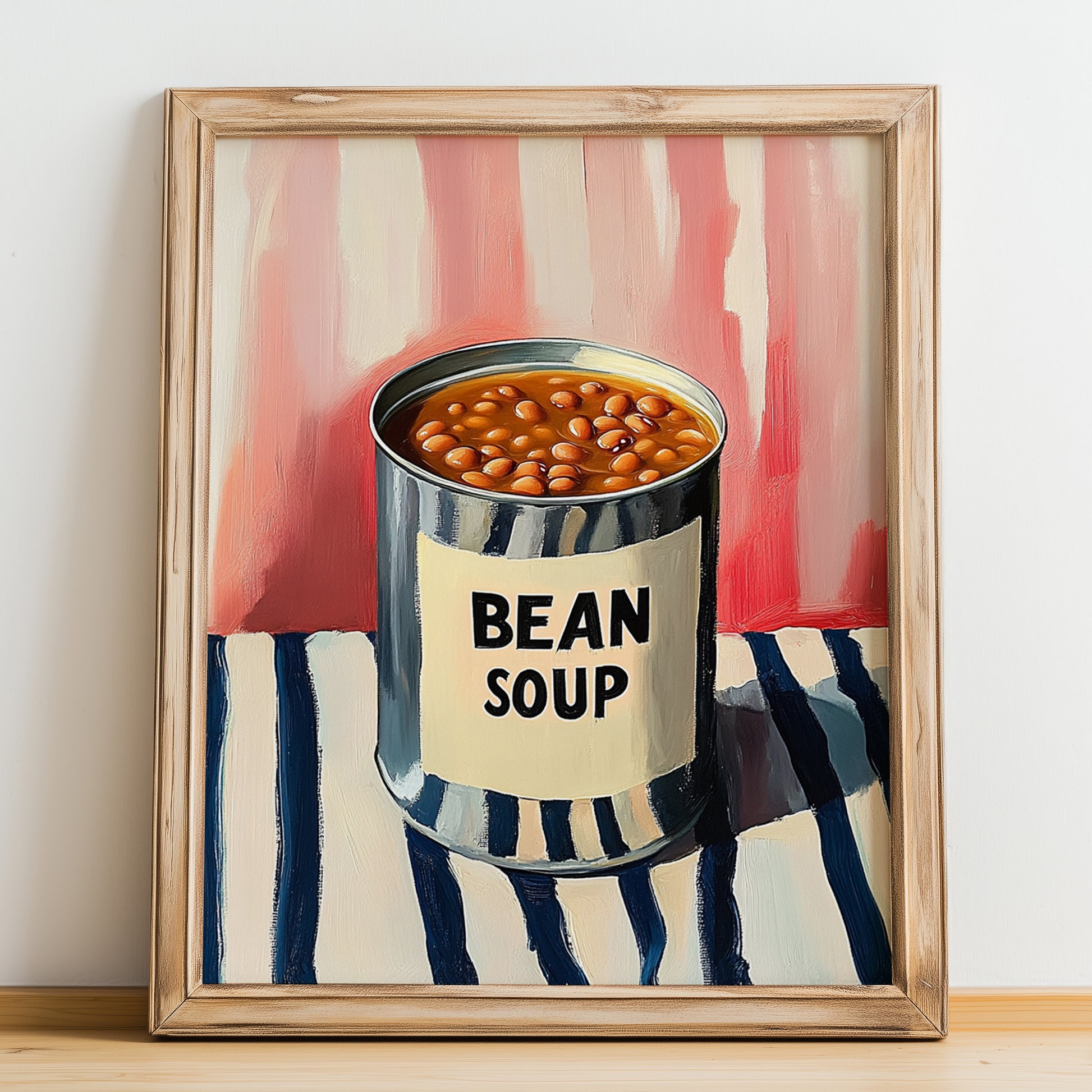 Bean Soup – on Striped Tablecloth, Canned Vegetables Wall Decor, no-text version framed in wood