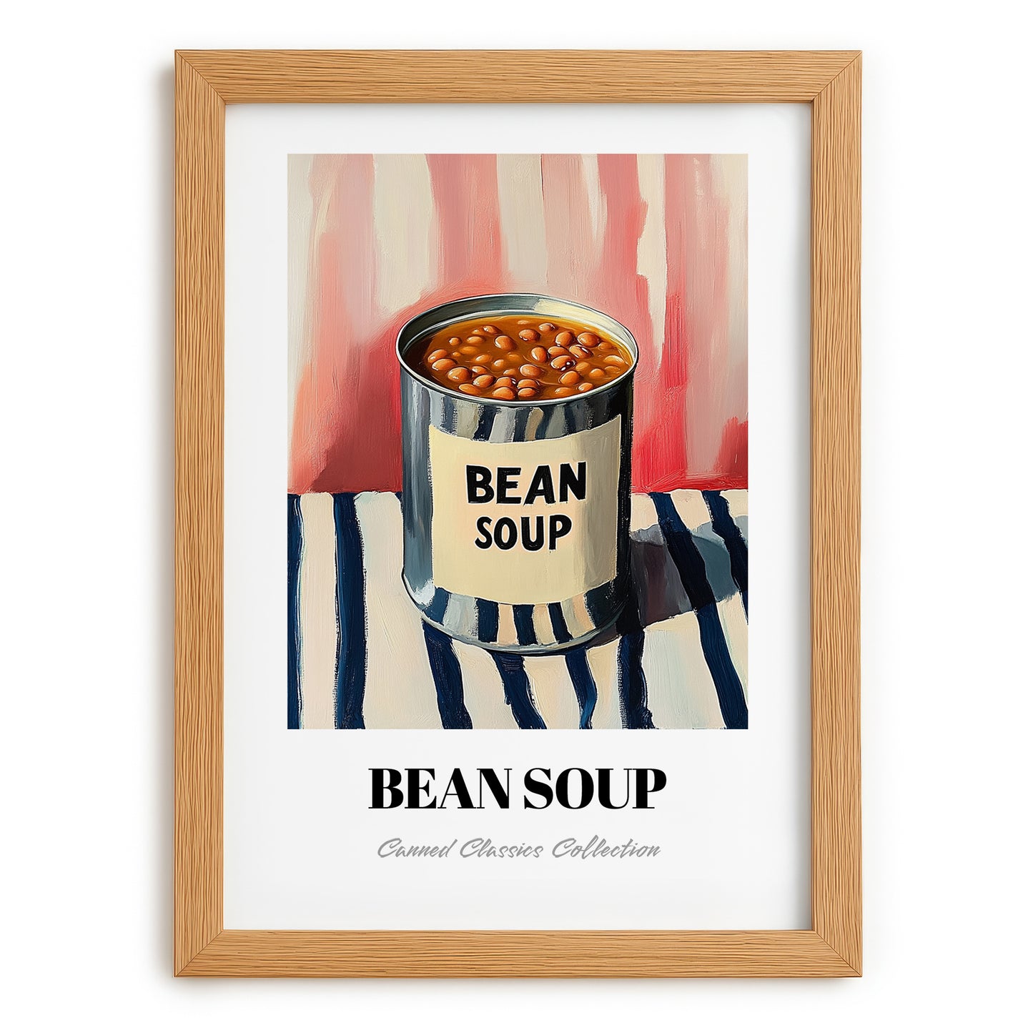 Bean Soup – on Striped Tablecloth, Canned Vegetables Wall Decor, set in oak frame