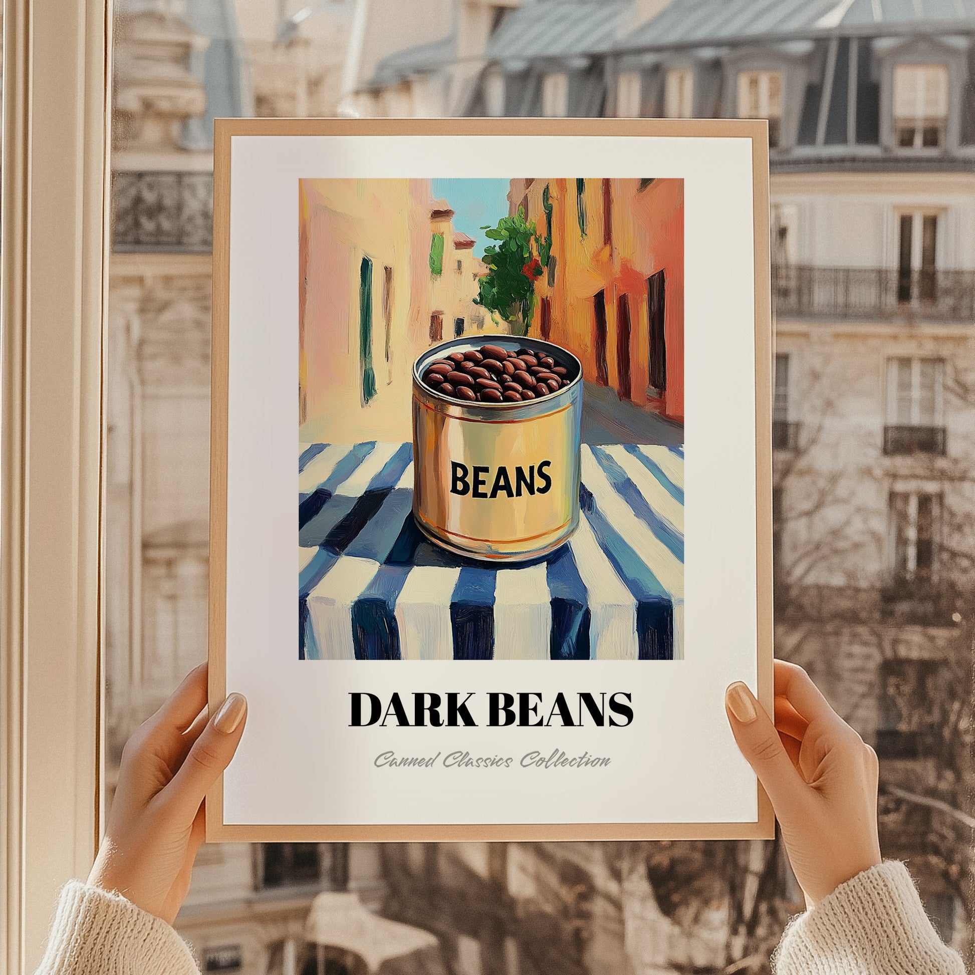 Dark Beans – Italian Urban Café Scene, Canned Vegetables Painting, styled in a charming Paris street view