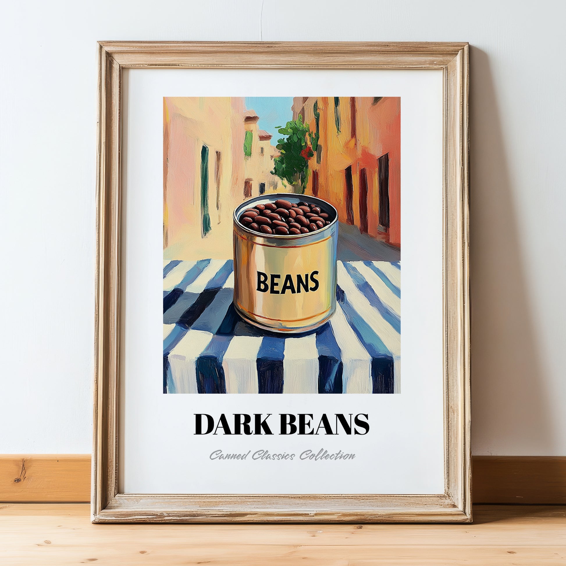 Dark Beans – Italian Urban Café Scene, Canned Vegetables Painting, in wooden frame leaning on the floor