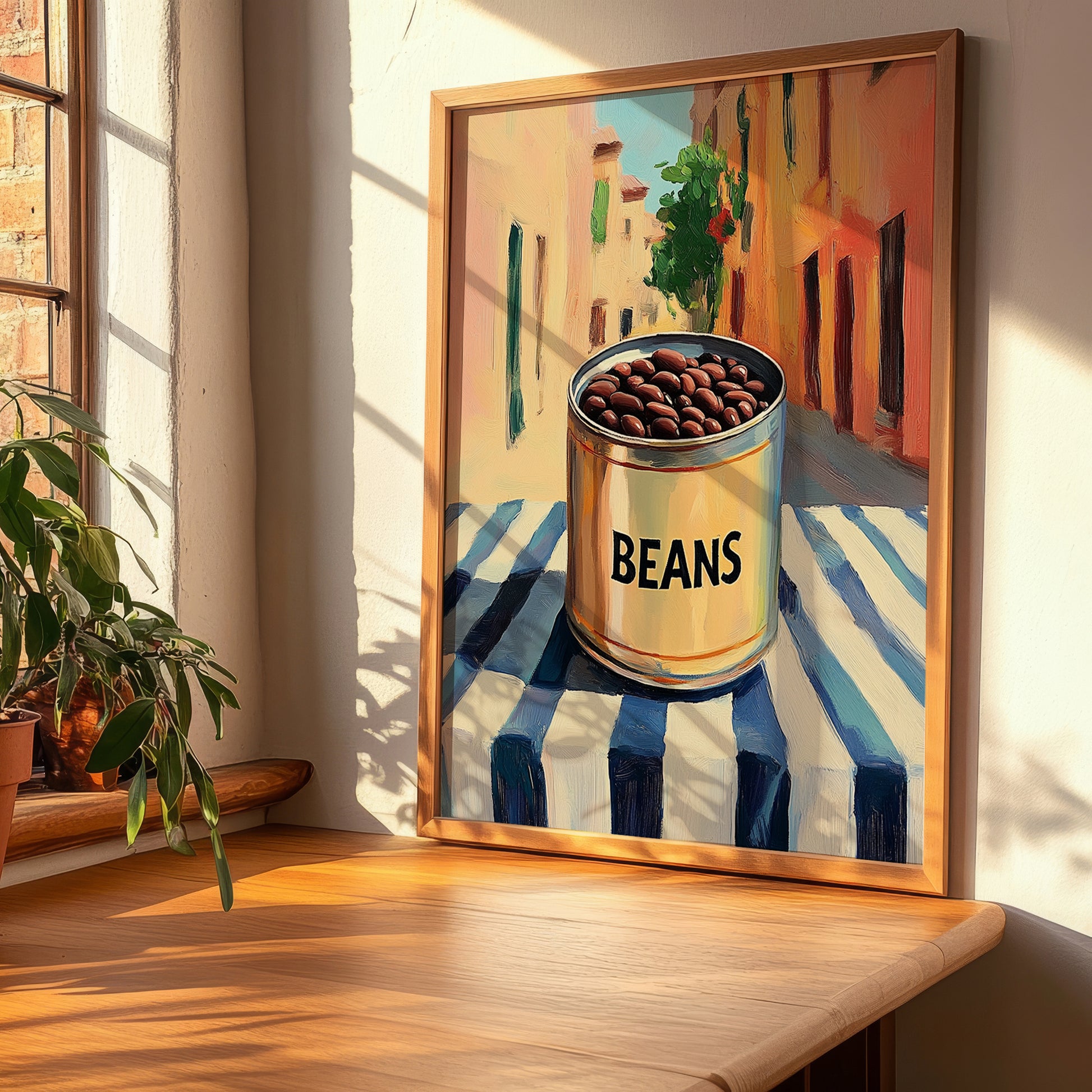 Dark Beans – Italian Urban Café Scene, Canned Vegetables Painting, clean layout with no caption