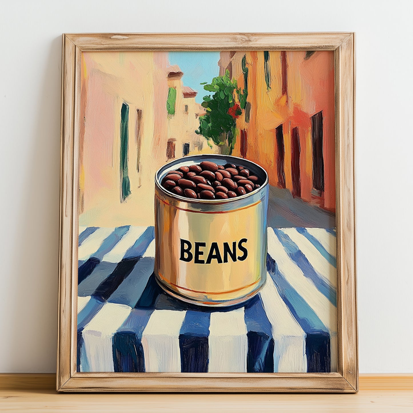 Dark Beans – Italian Urban Café Scene, Canned Vegetables Painting, no-text version framed in wood