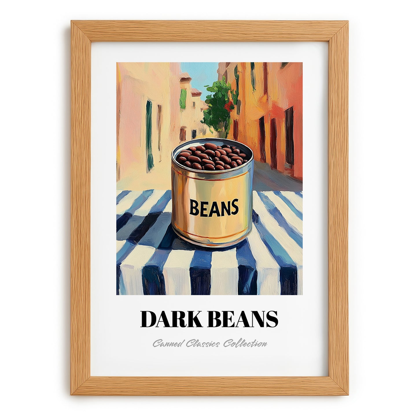 Dark Beans – Italian Urban Café Scene, Canned Vegetables Painting, set in oak frame