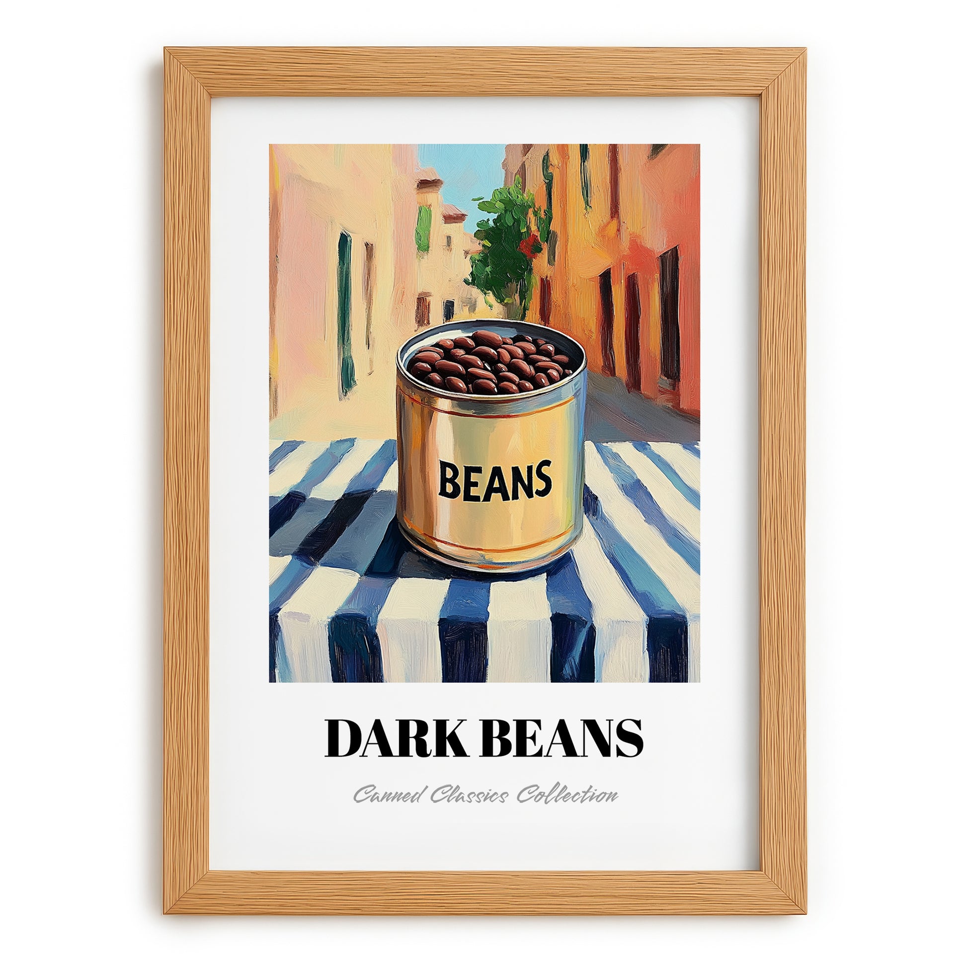 Dark Beans – Italian Urban Café Scene, Canned Vegetables Painting, set in oak frame