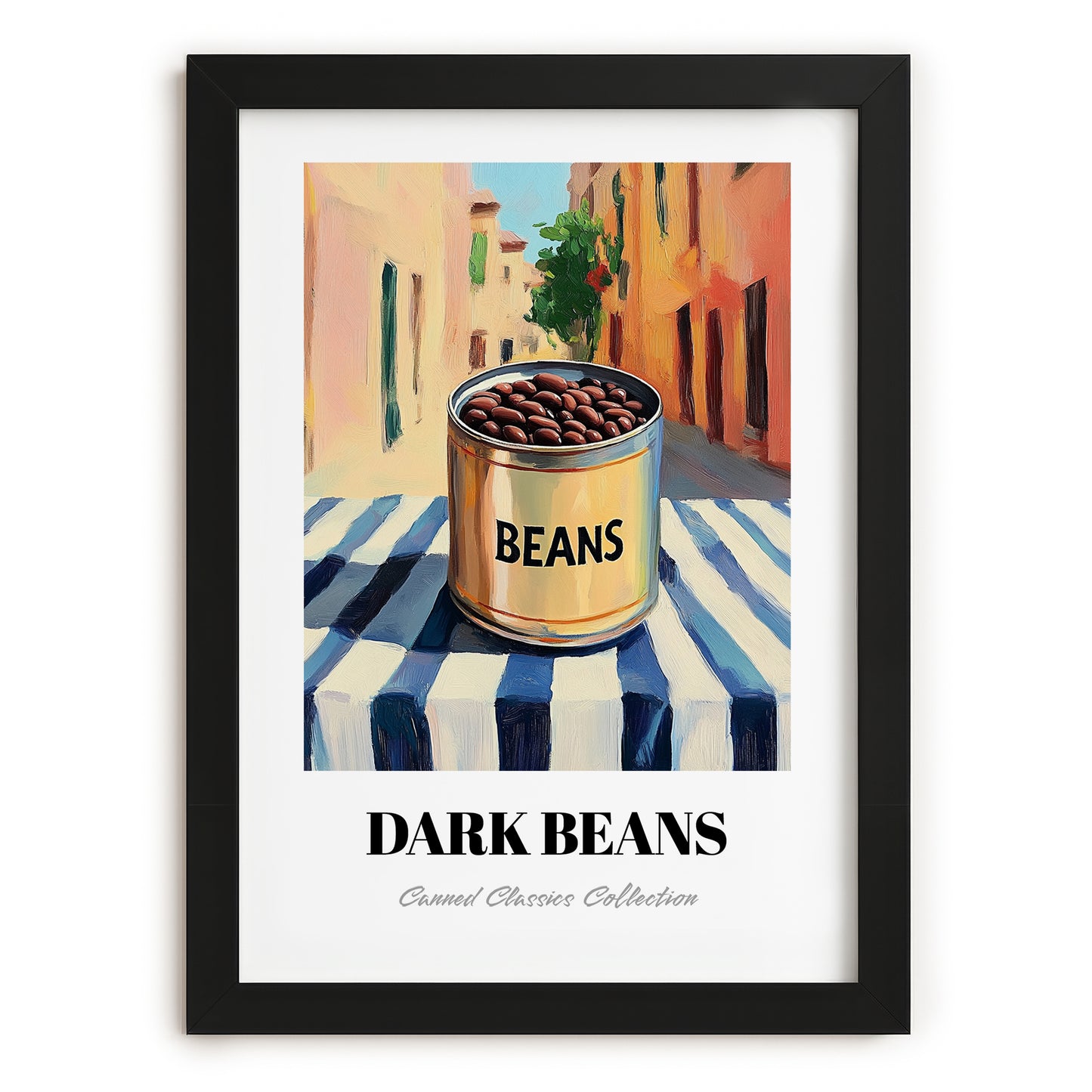 Dark Beans – Italian Urban Café Scene, Canned Vegetables Painting, in sleek black frame
