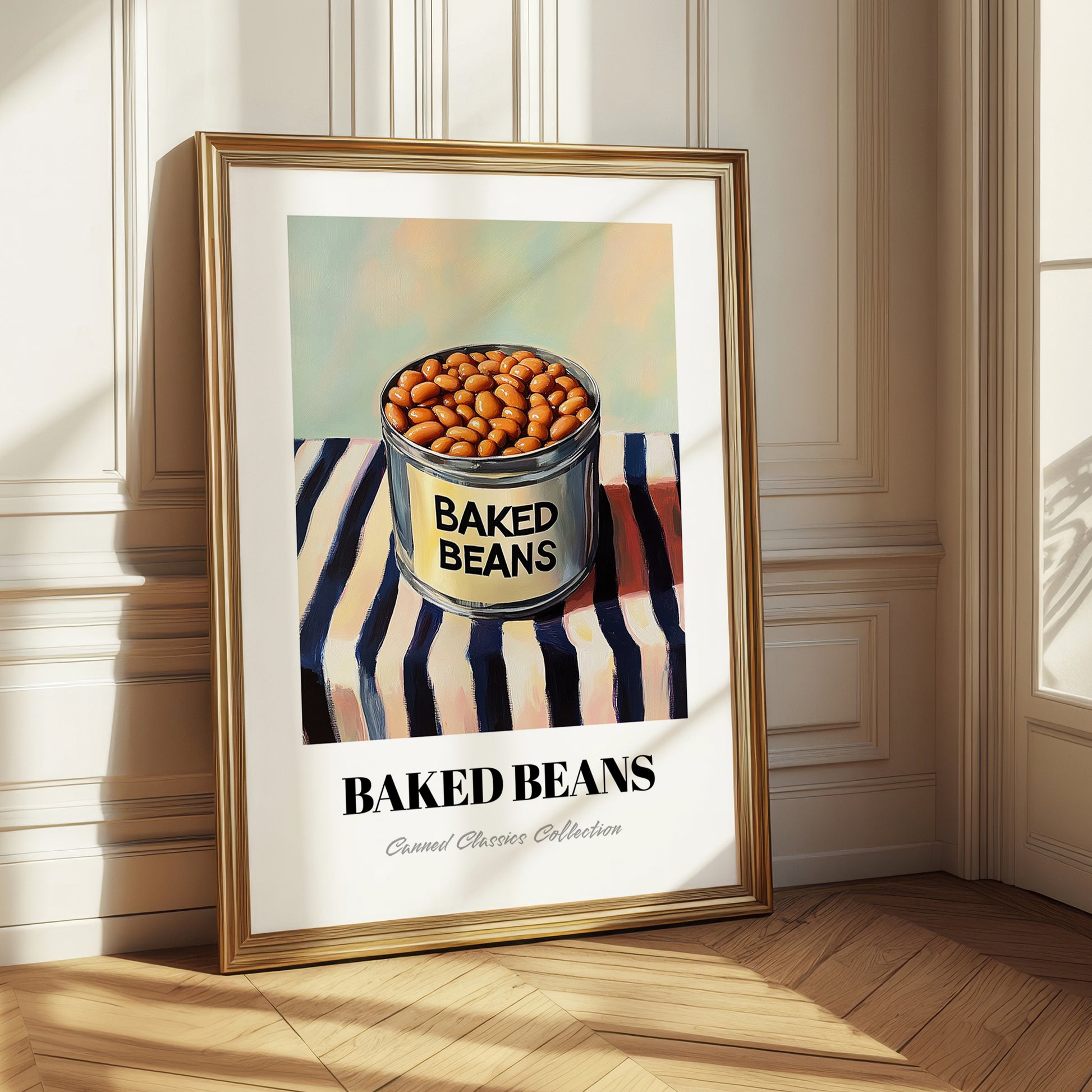 Baked Beans – on Striped Tablecloth, Canned Vegetables Illustration