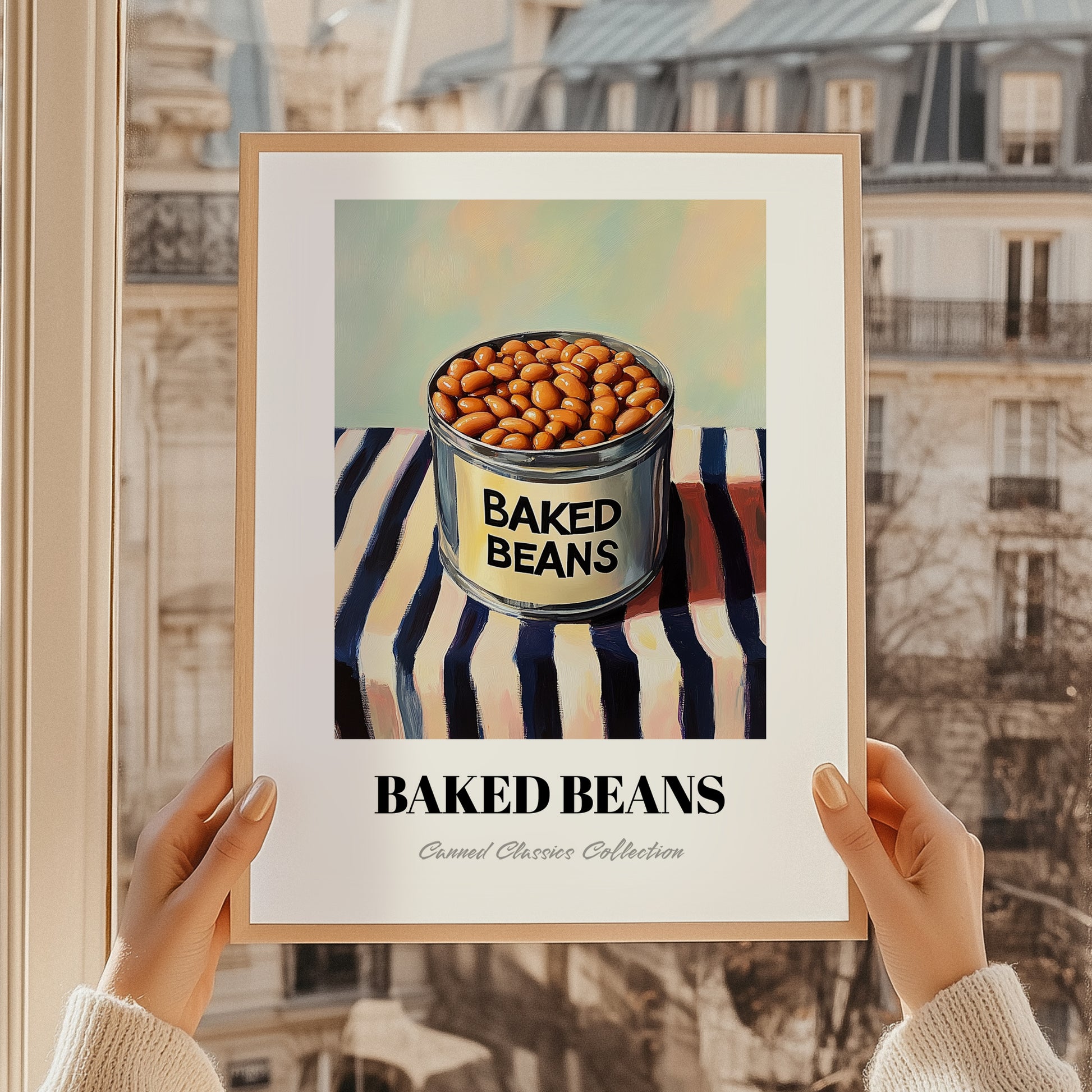 Baked Beans – on Striped Tablecloth, Canned Vegetables Illustration, styled in a charming Paris street view