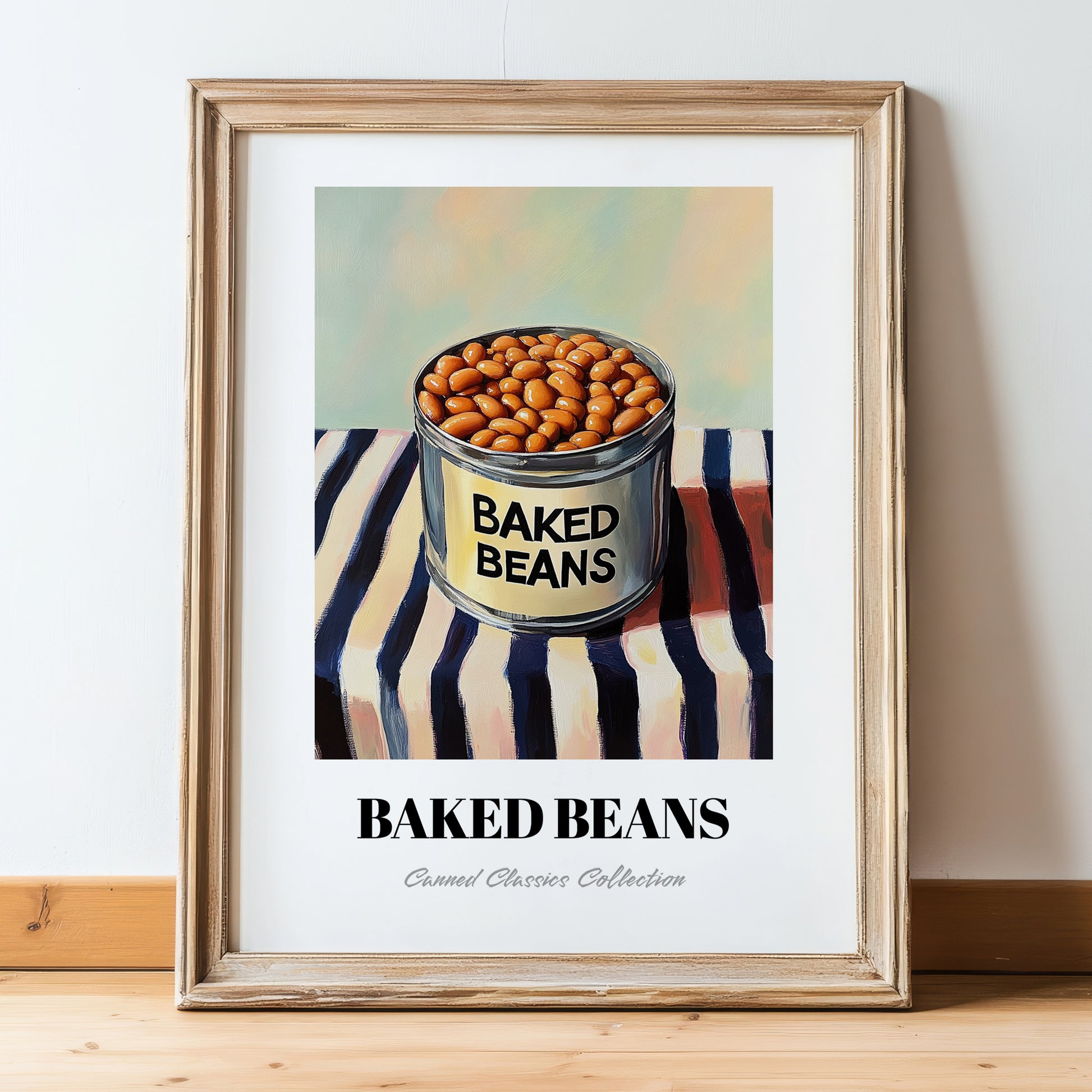 Baked Beans – on Striped Tablecloth, Canned Vegetables Illustration, in wooden frame leaning on the floor