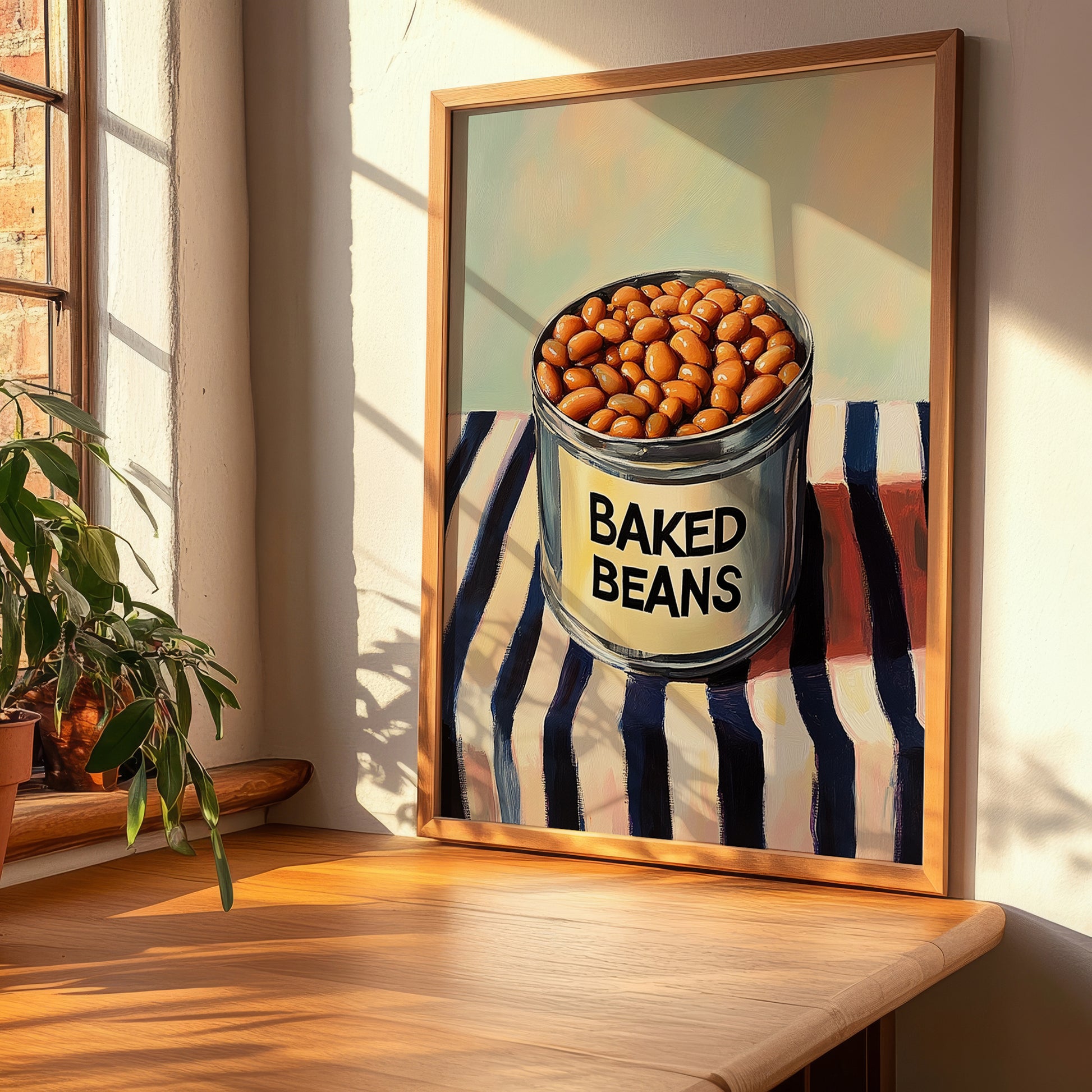 Baked Beans – on Striped Tablecloth, Canned Vegetables Illustration, clean layout with no caption