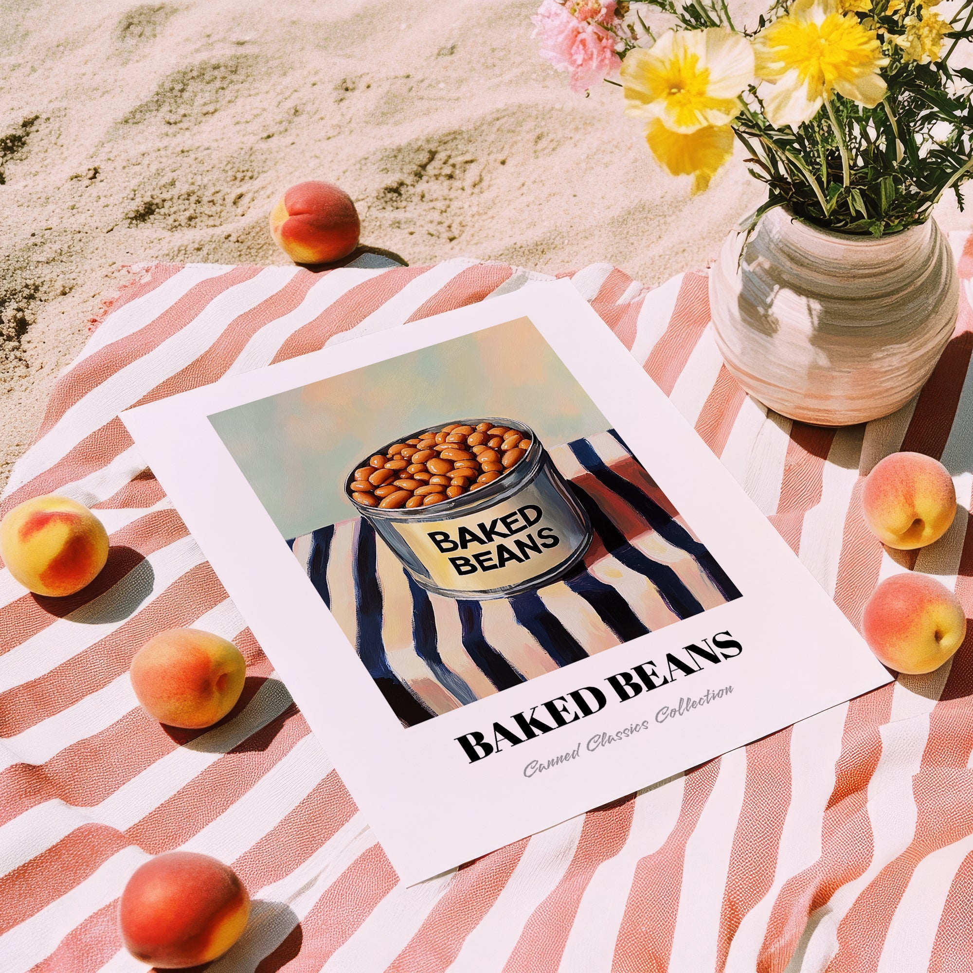 Baked Beans – on Striped Tablecloth, Canned Vegetables Illustration, unframed on coastal sand