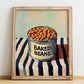 Baked Beans – on Striped Tablecloth, Canned Vegetables Illustration, no-text version framed in wood