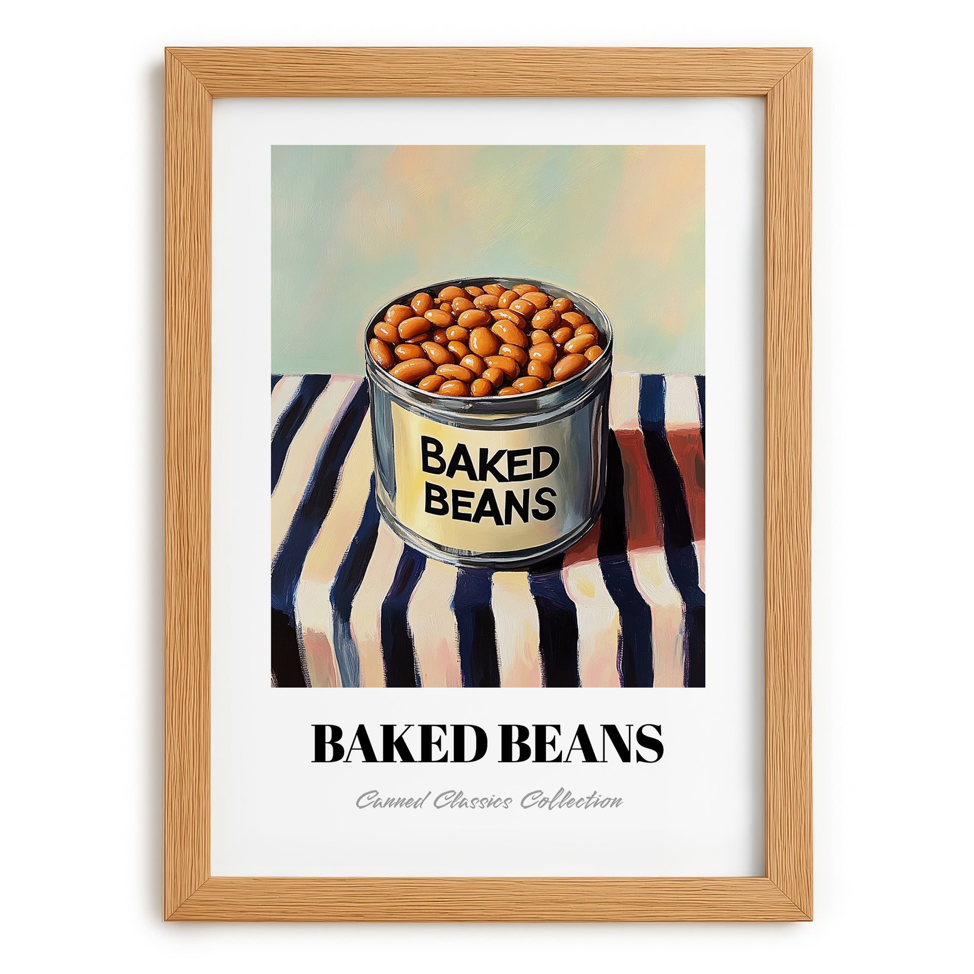 Baked Beans – on Striped Tablecloth, Canned Vegetables Illustration, set in oak frame